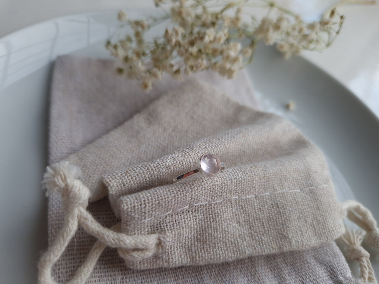 pale rose quartz and sterling silver hammered ring