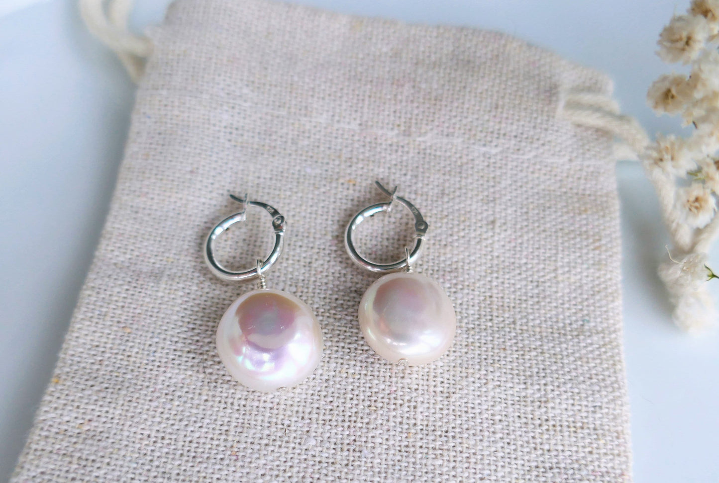 Freshwater coin pearl and small sterling silver hoop earrings | Bridal bridesmaid pearl hoop earrings with detachable pearls | Coin pearls
