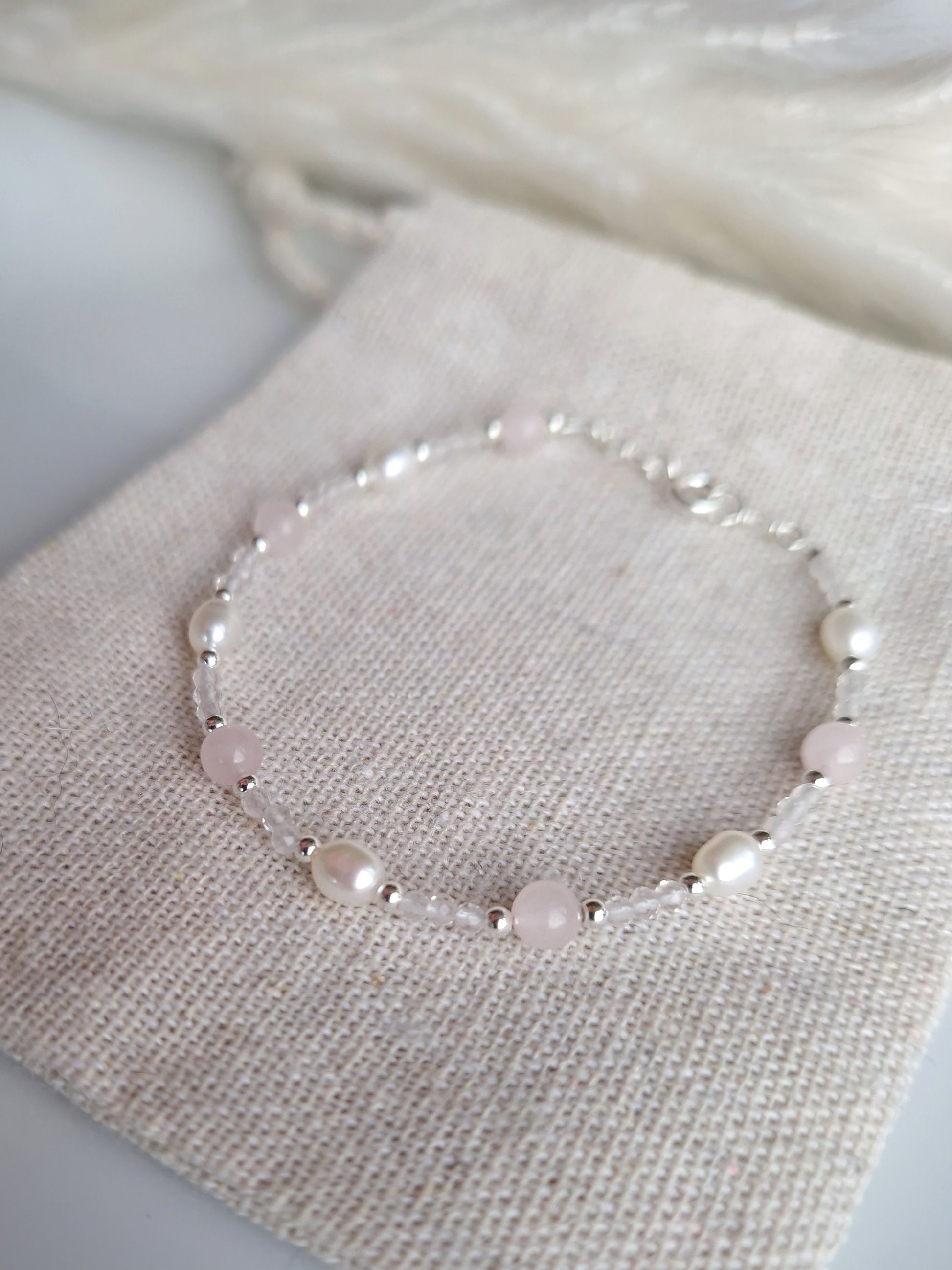 rose quartz and pearl bridal bracelet