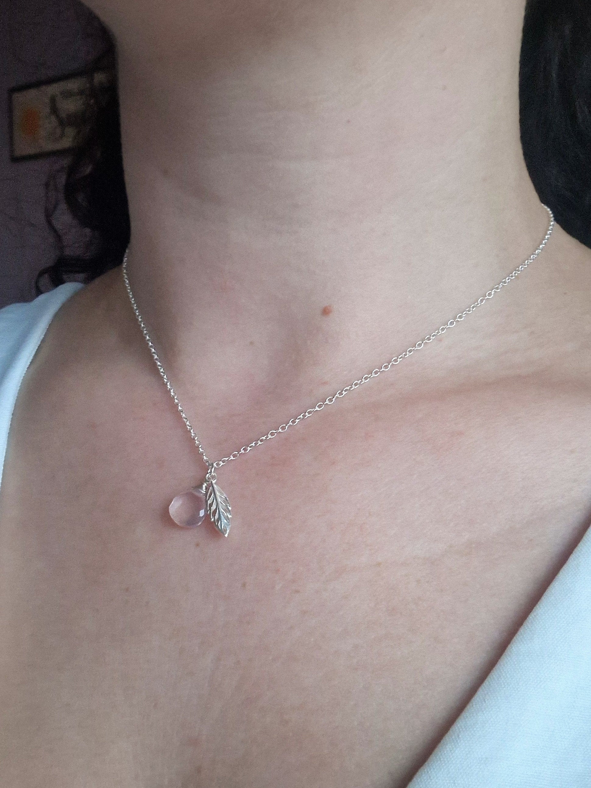 Leaf necklace in recycled sterling silver and rose quartz gemstone