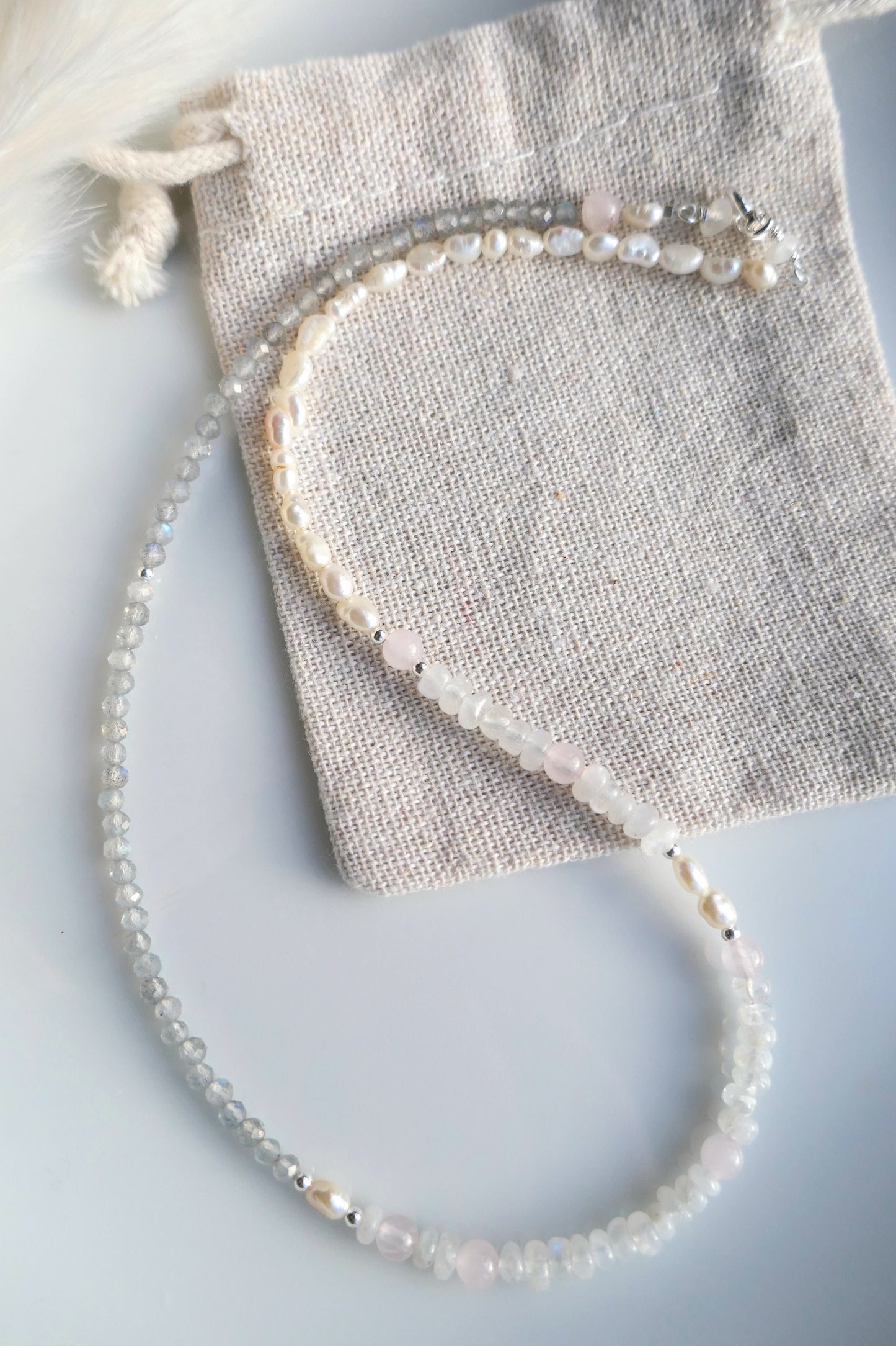 Beaded choker necklace with natural gemstone and pearl