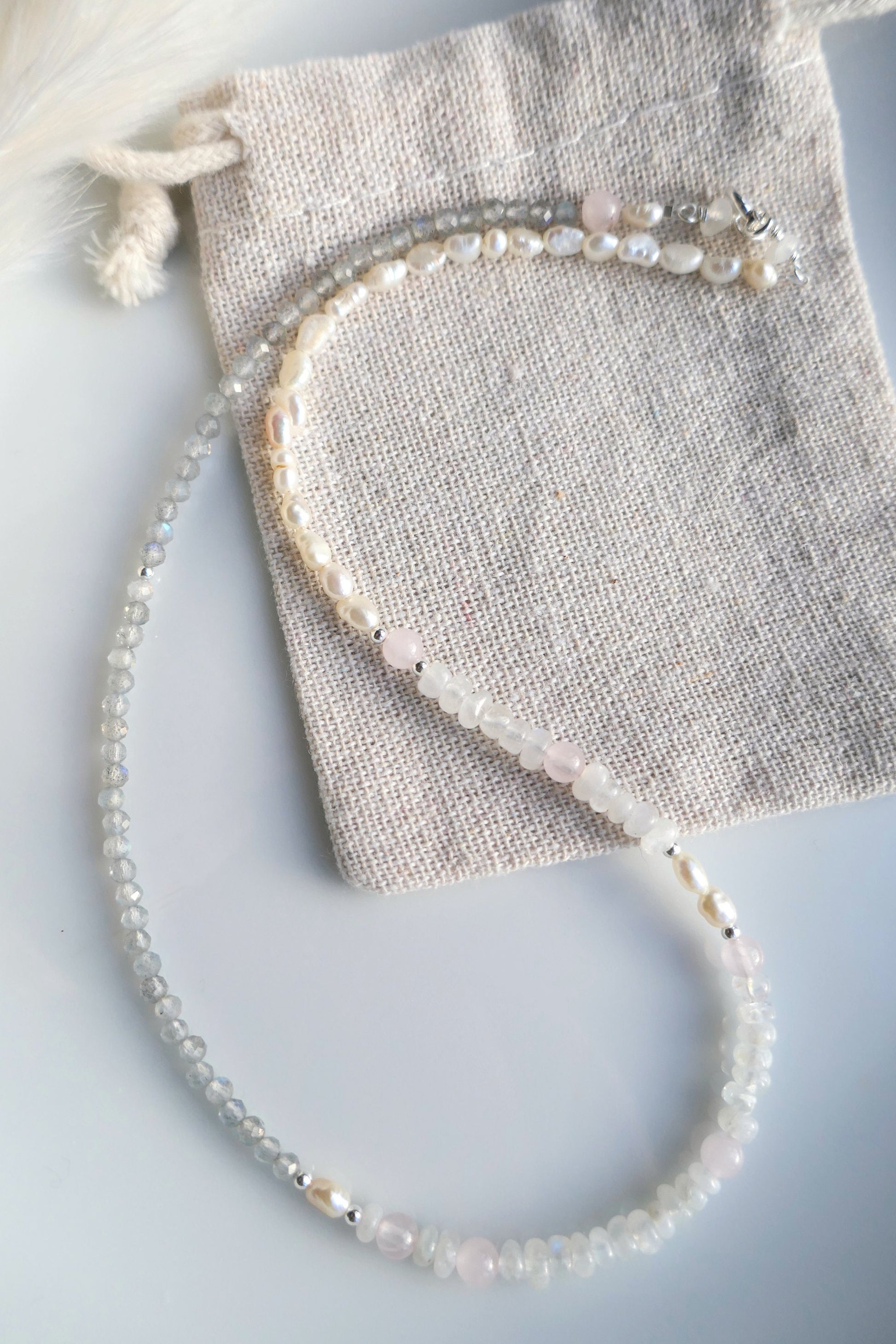 Beaded choker necklace with natural gemstone and pearl