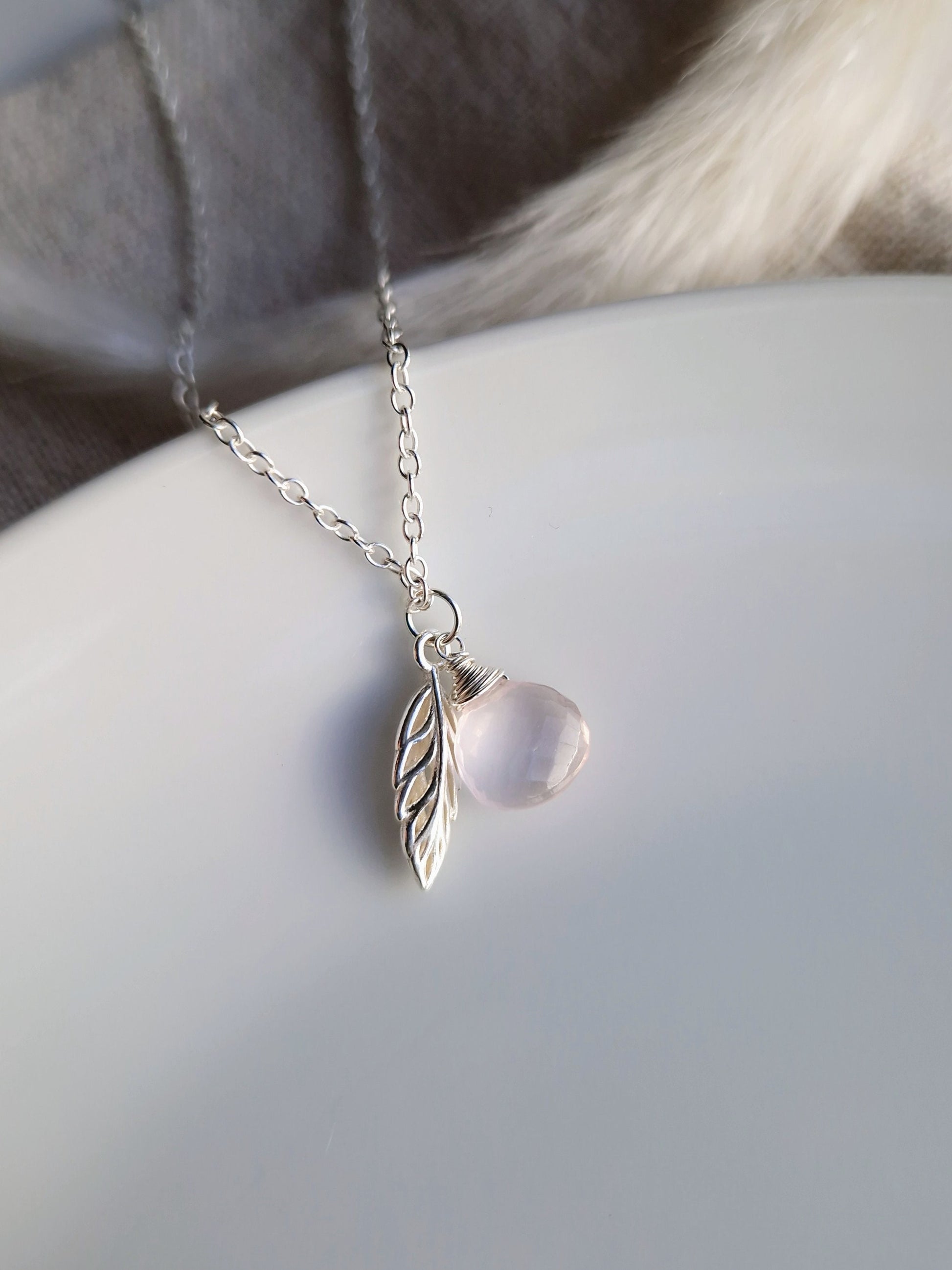 Rose quartz silver necklace with pink rose quartz gemstone and sterling silver leaf pendant on silver chain
