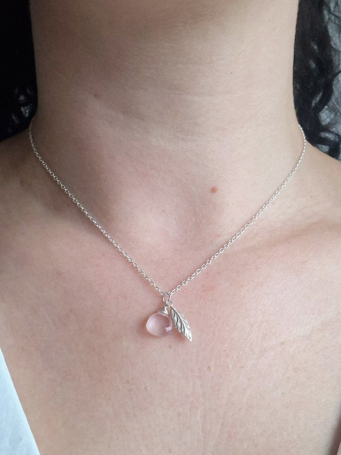 Handmade rose quartz and silver leaf nature necklace