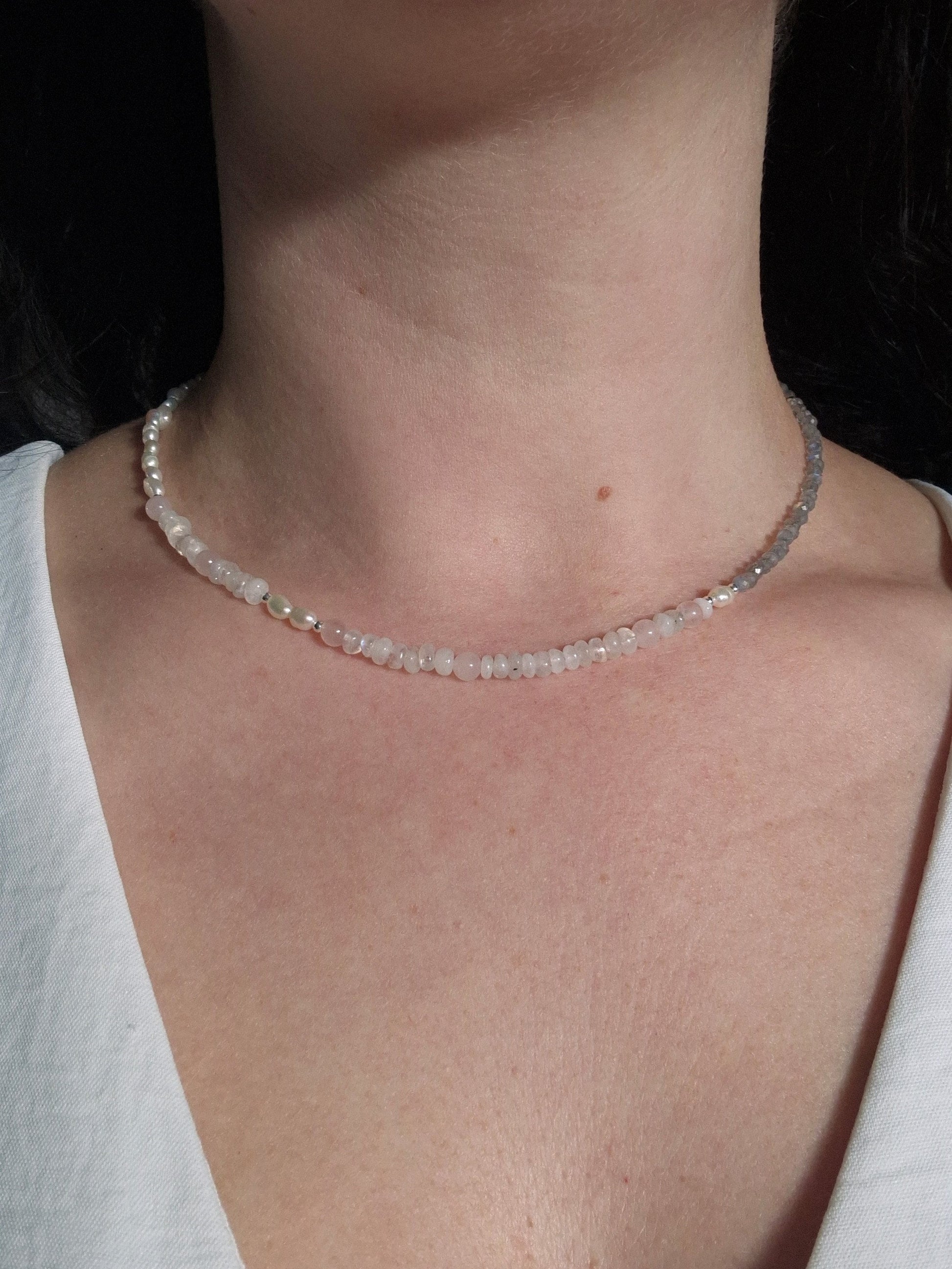 Dainty gemstone and pearl necklace with rose quartz, moonstone and labradorite