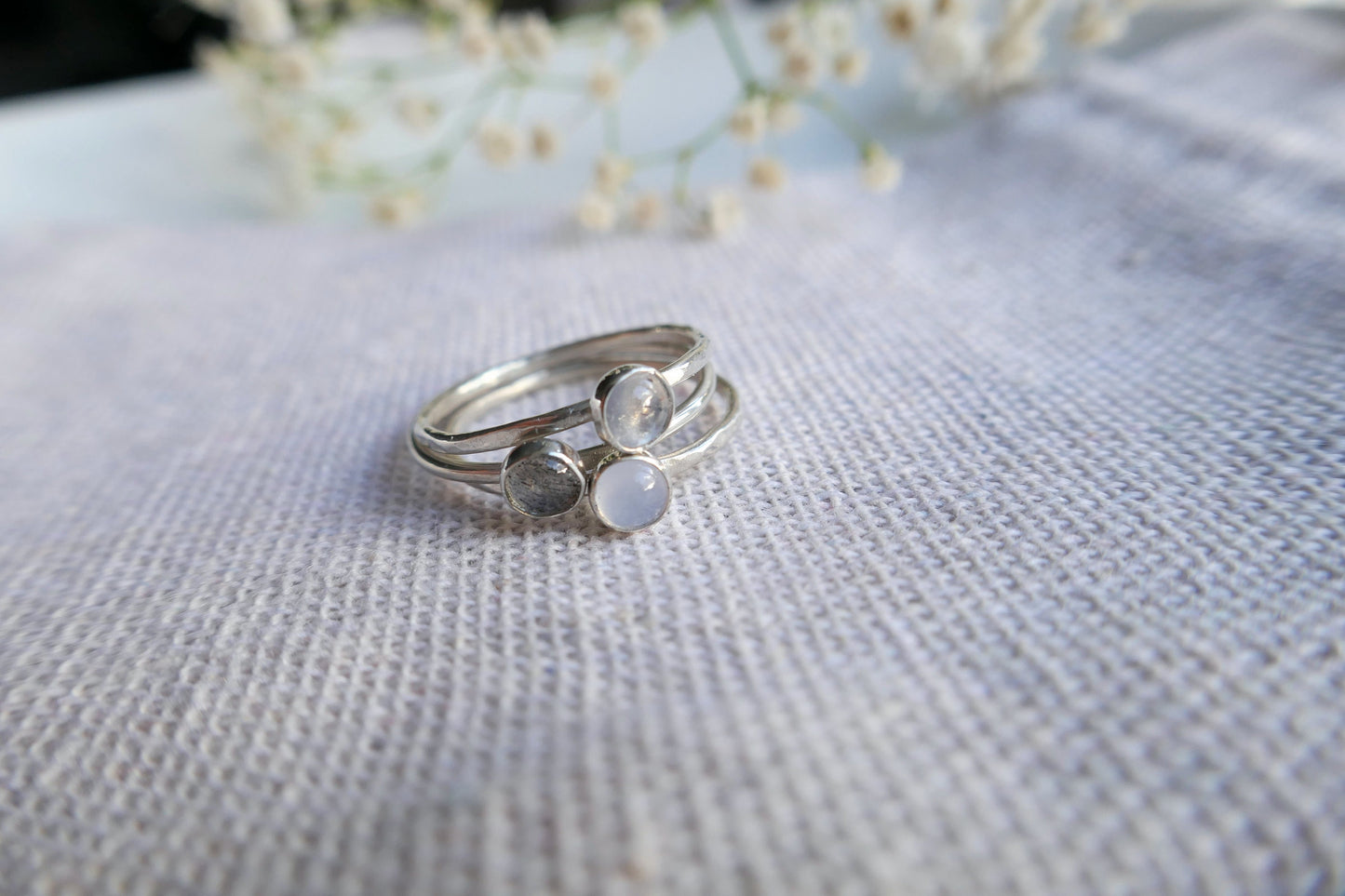 small gemstone and sterling silver stacking rings