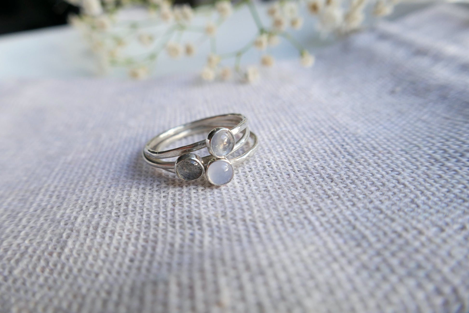small gemstone and sterling silver stacking rings