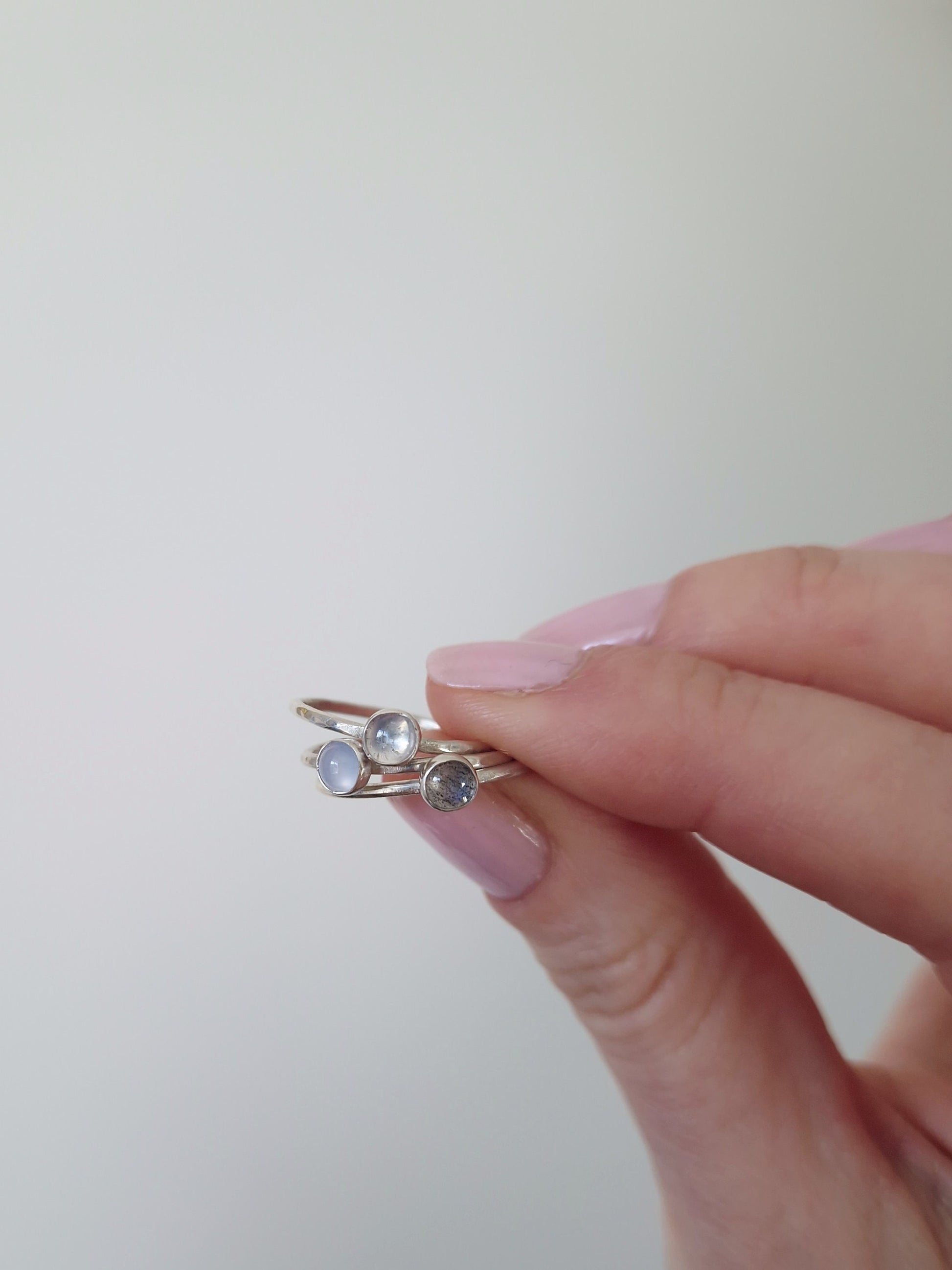 moonstone chalcedony labradorite silver stacking ring set