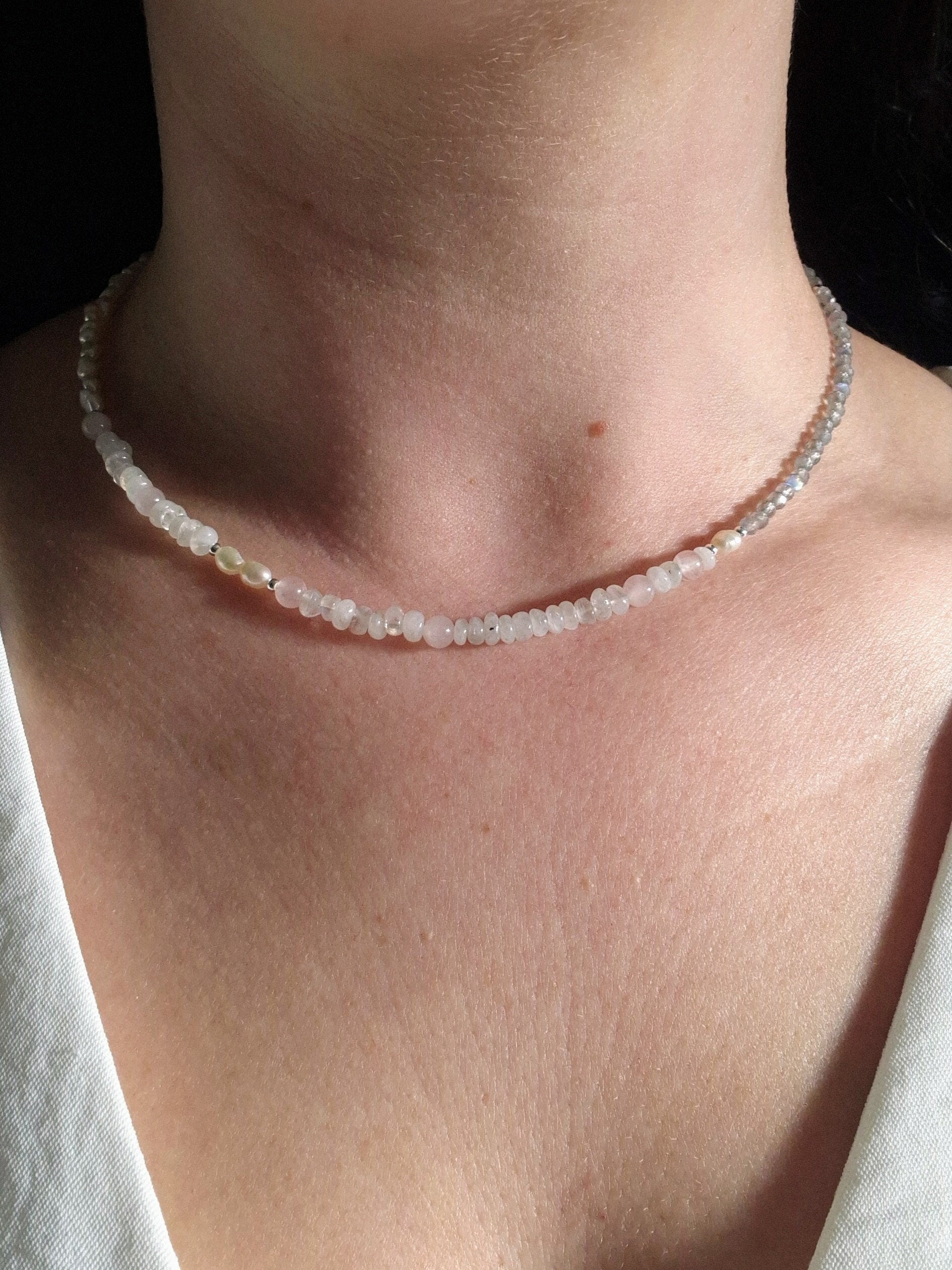 Beaded gemstone choker necklace with freshwater pearls and sterling silver