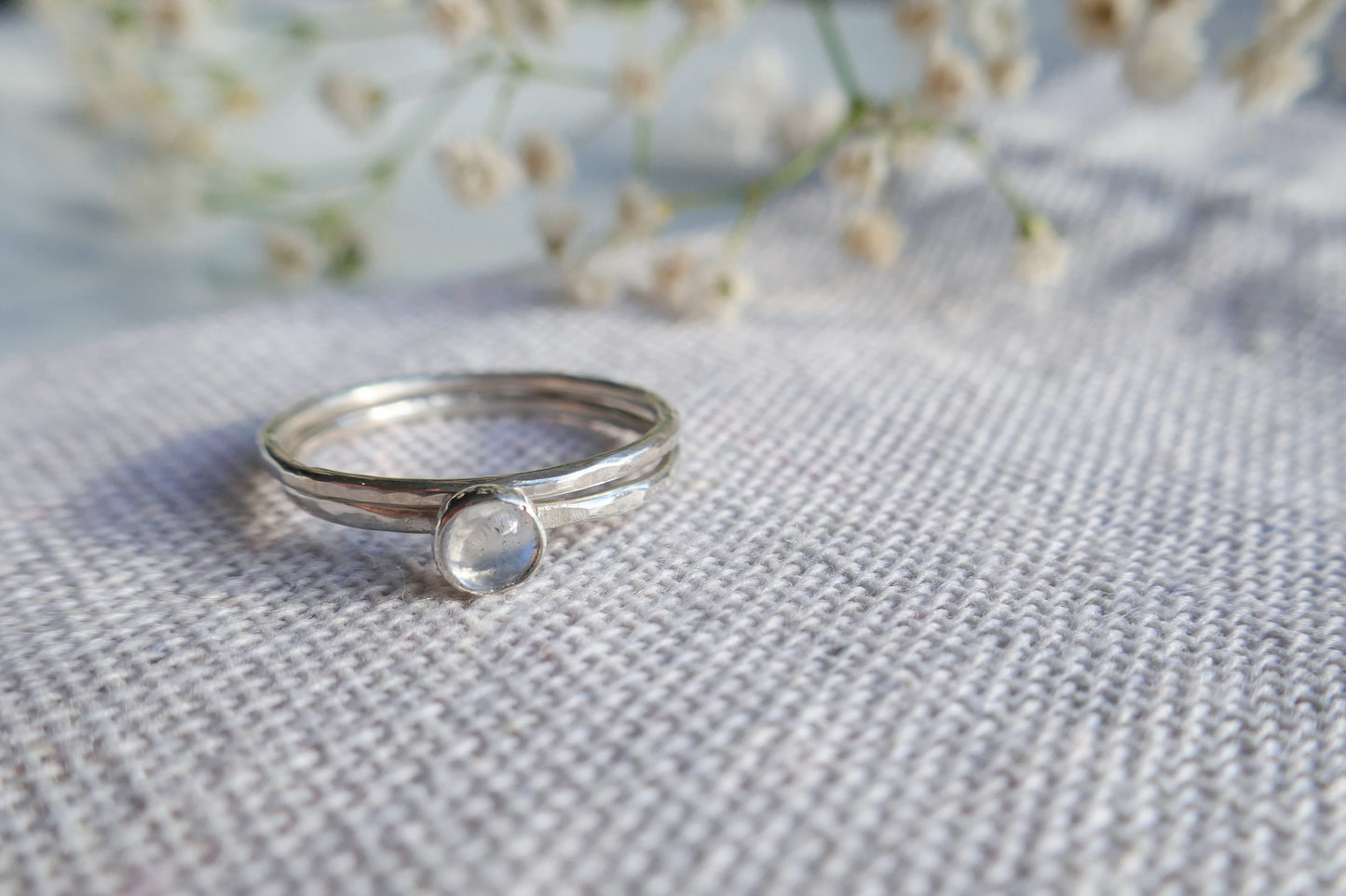 handmade hammered silver gemstone stacking rings
