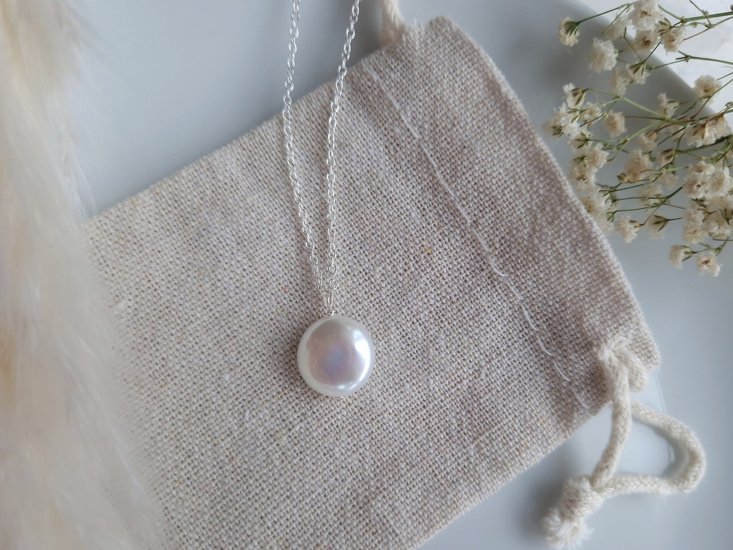 Freshwater pearl pendant necklace with recycled sterling silver chain | Minimalist bridal baroque coin pearl necklace