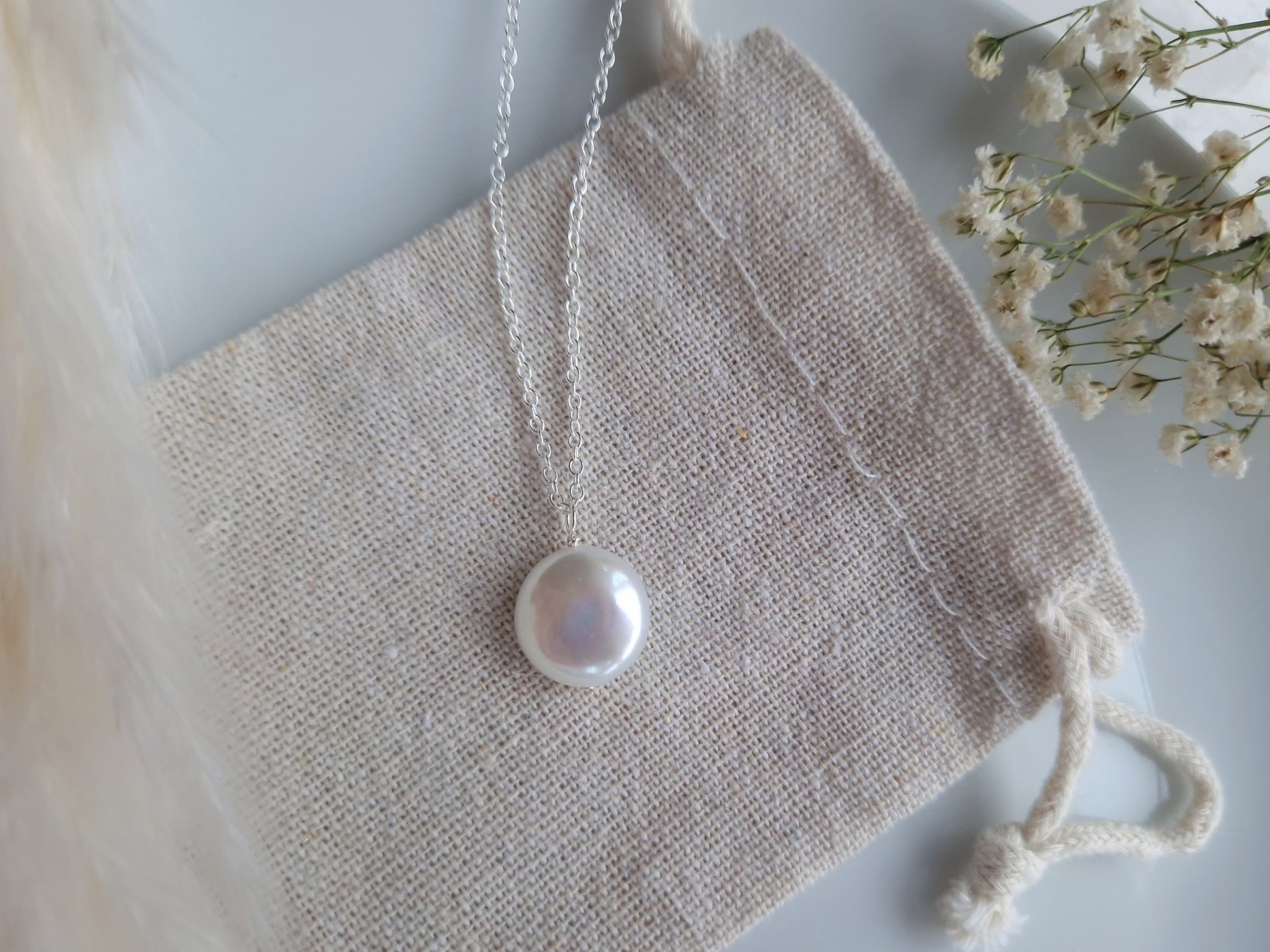 Freshwater pearl pendant necklace with recycled sterling silver chain | Minimalist bridal baroque coin pearl necklace