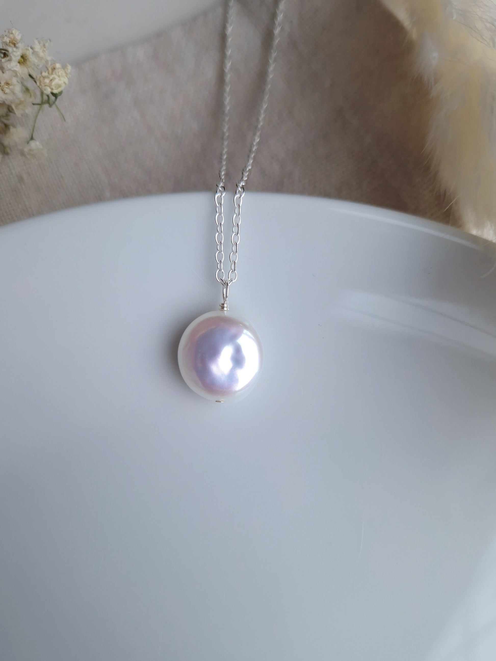 Freshwater pearl pendant necklace with recycled sterling silver chain | Minimalist bridal baroque coin pearl necklace