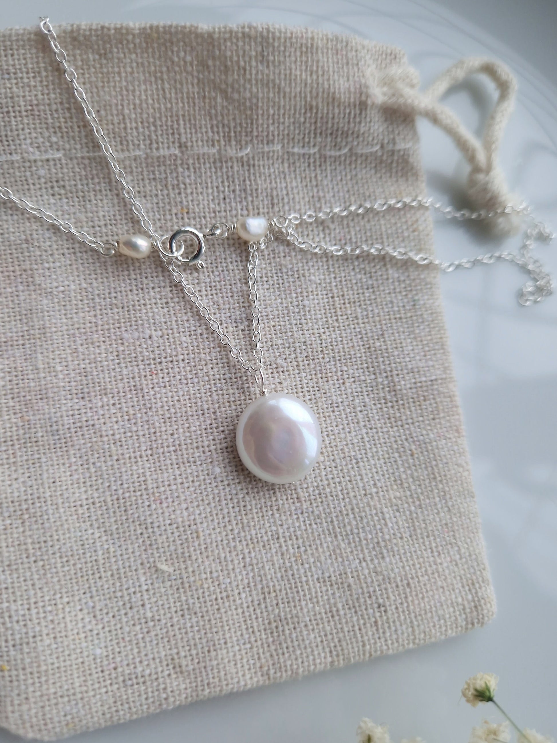 Freshwater pearl pendant necklace with recycled sterling silver chain | Minimalist bridal baroque coin pearl necklace