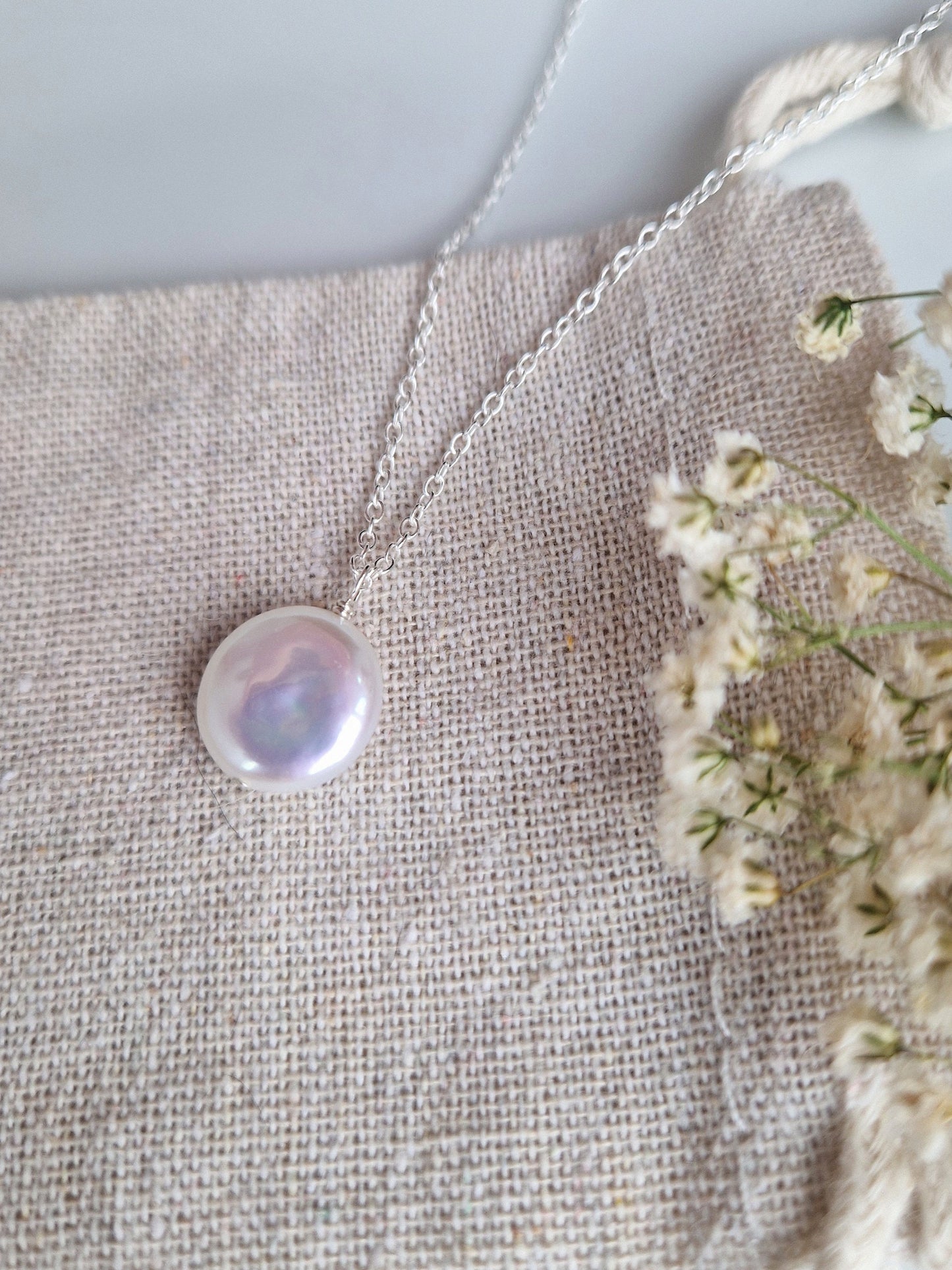 Freshwater pearl pendant necklace with recycled sterling silver chain | Minimalist bridal baroque coin pearl necklace