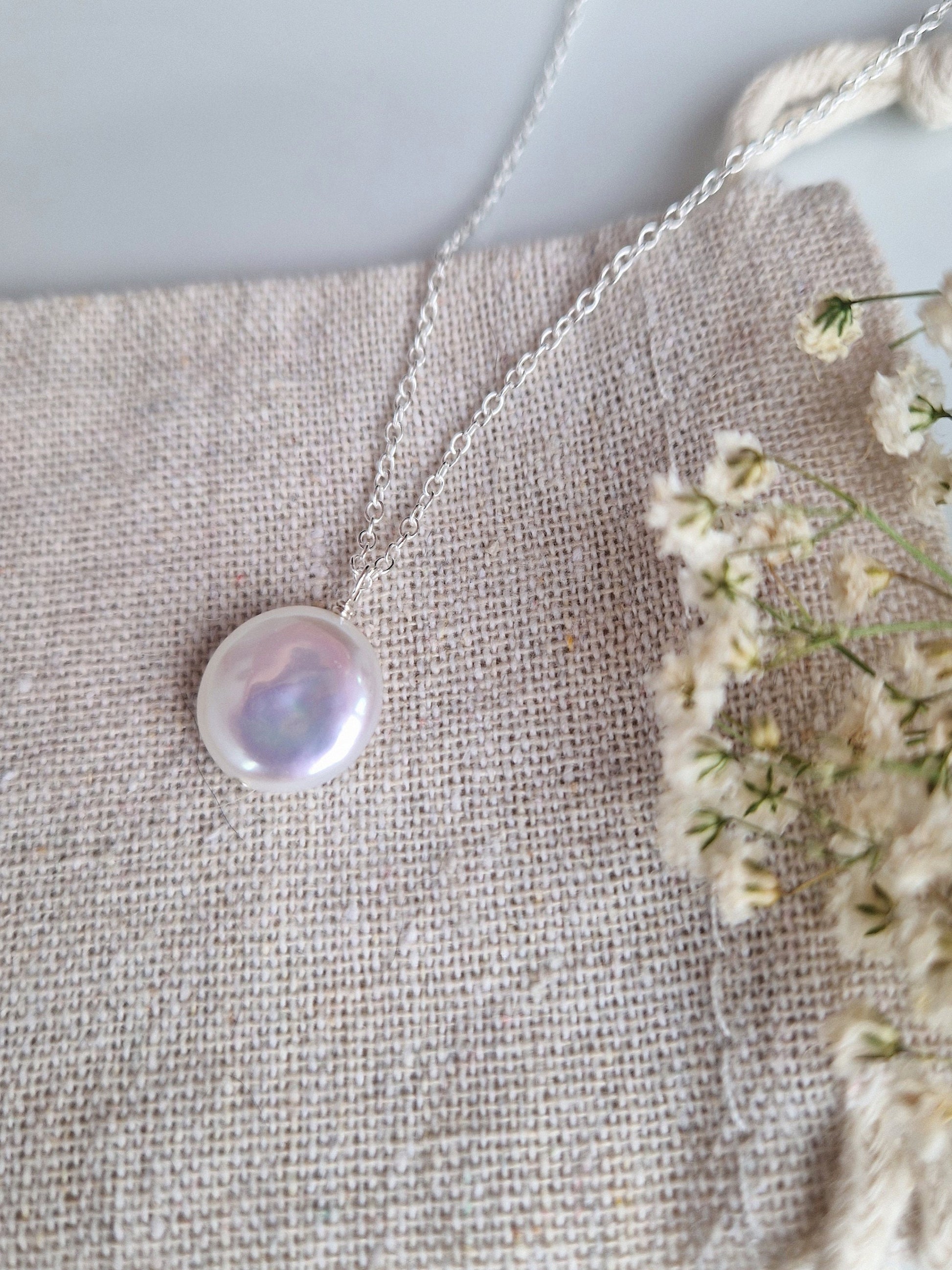 Freshwater pearl pendant necklace with recycled sterling silver chain | Minimalist bridal baroque coin pearl necklace