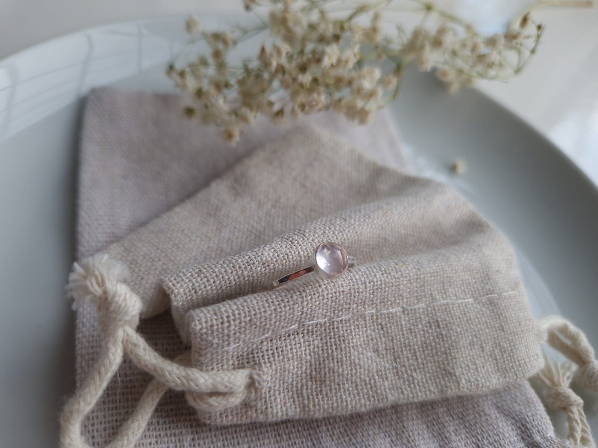 pale rose quartz and sterling silver hammered ring