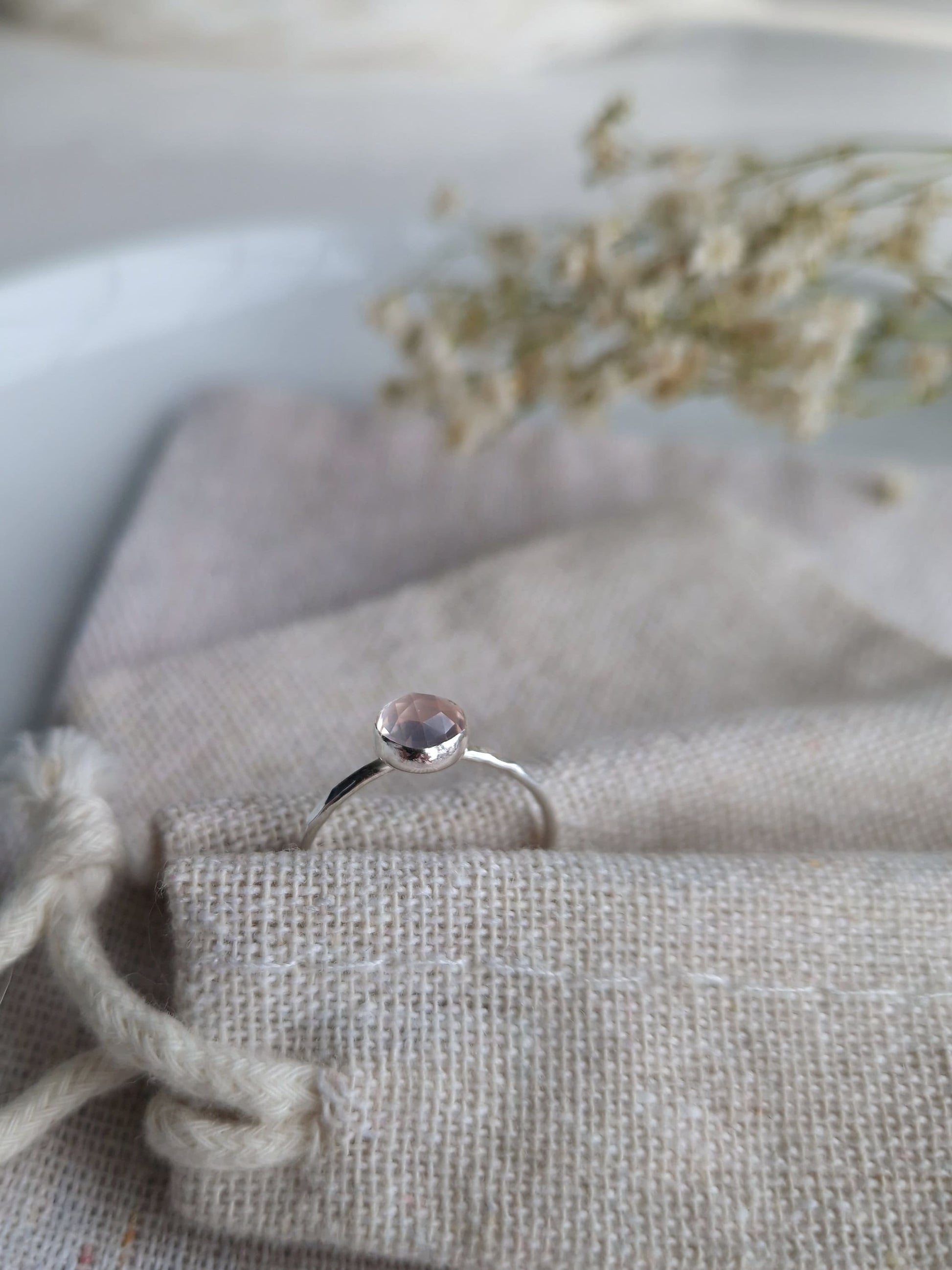 faceted rose quartz and sterling silver ring