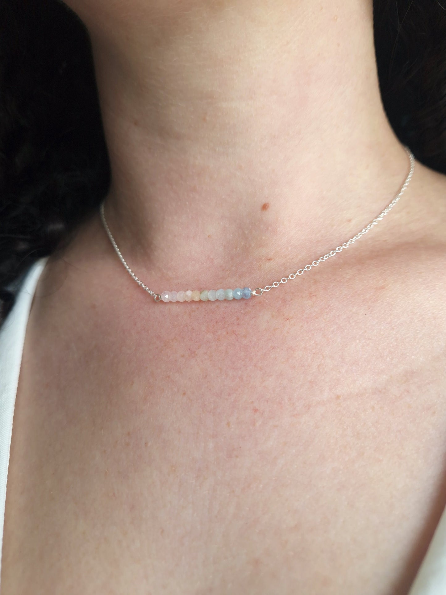 blue and pink gemstone and sterling silver necklace