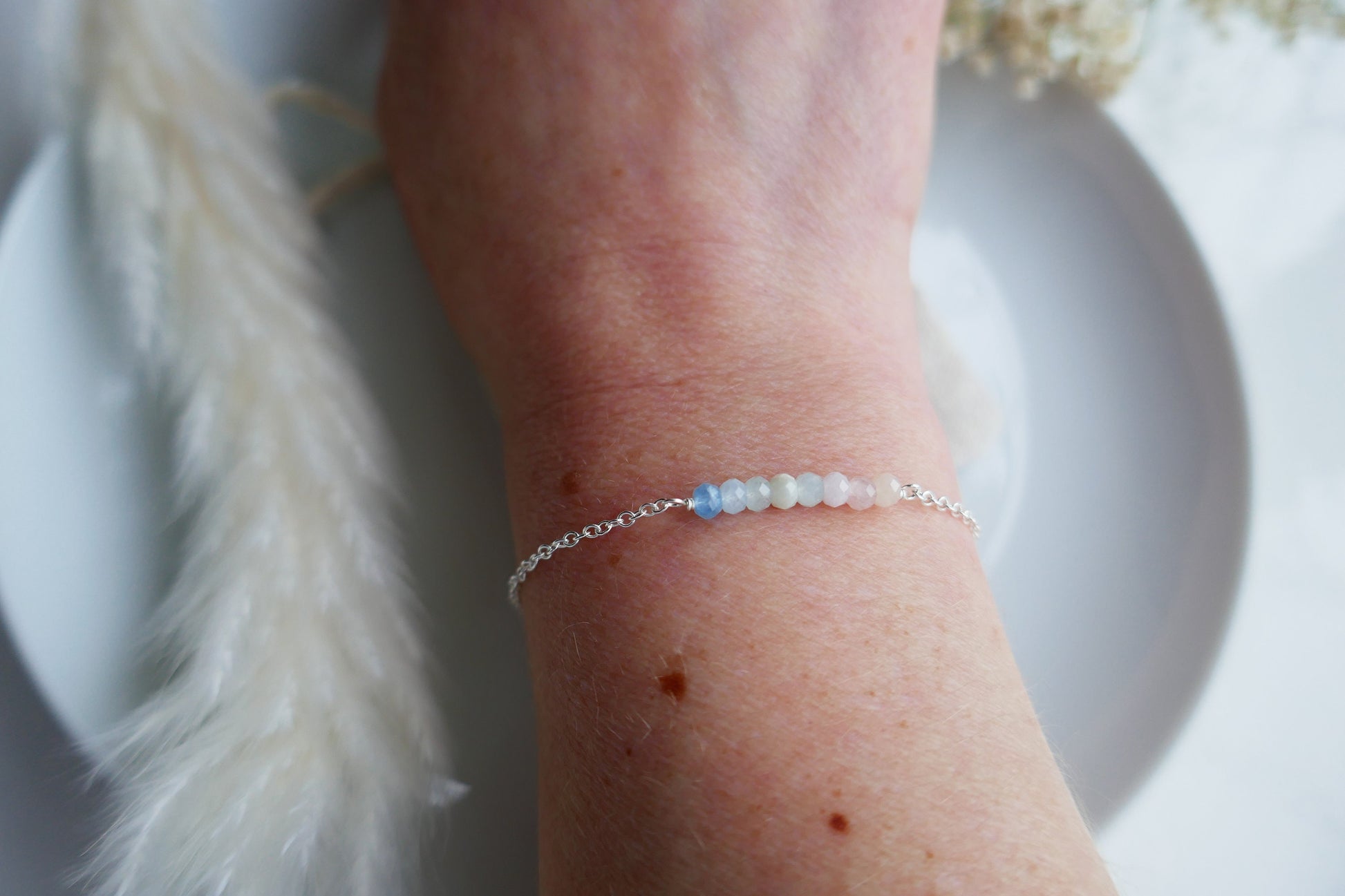 morganite crystal and silver bracelet with small beads