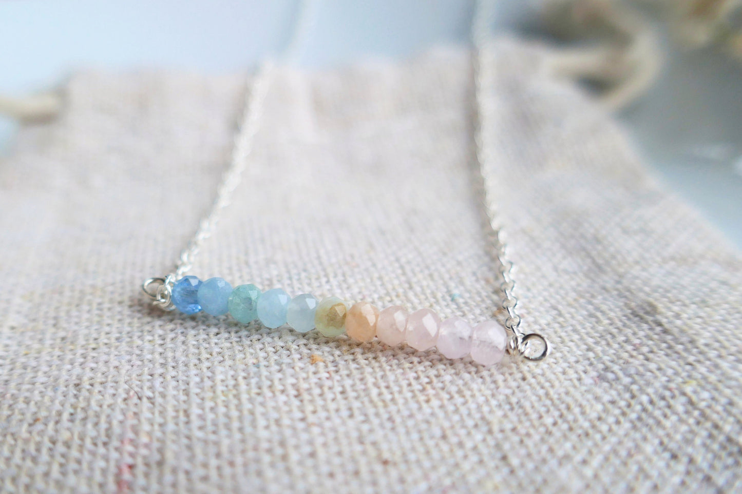 Dainty rainbow morganite gemstone bar necklace on silver chain