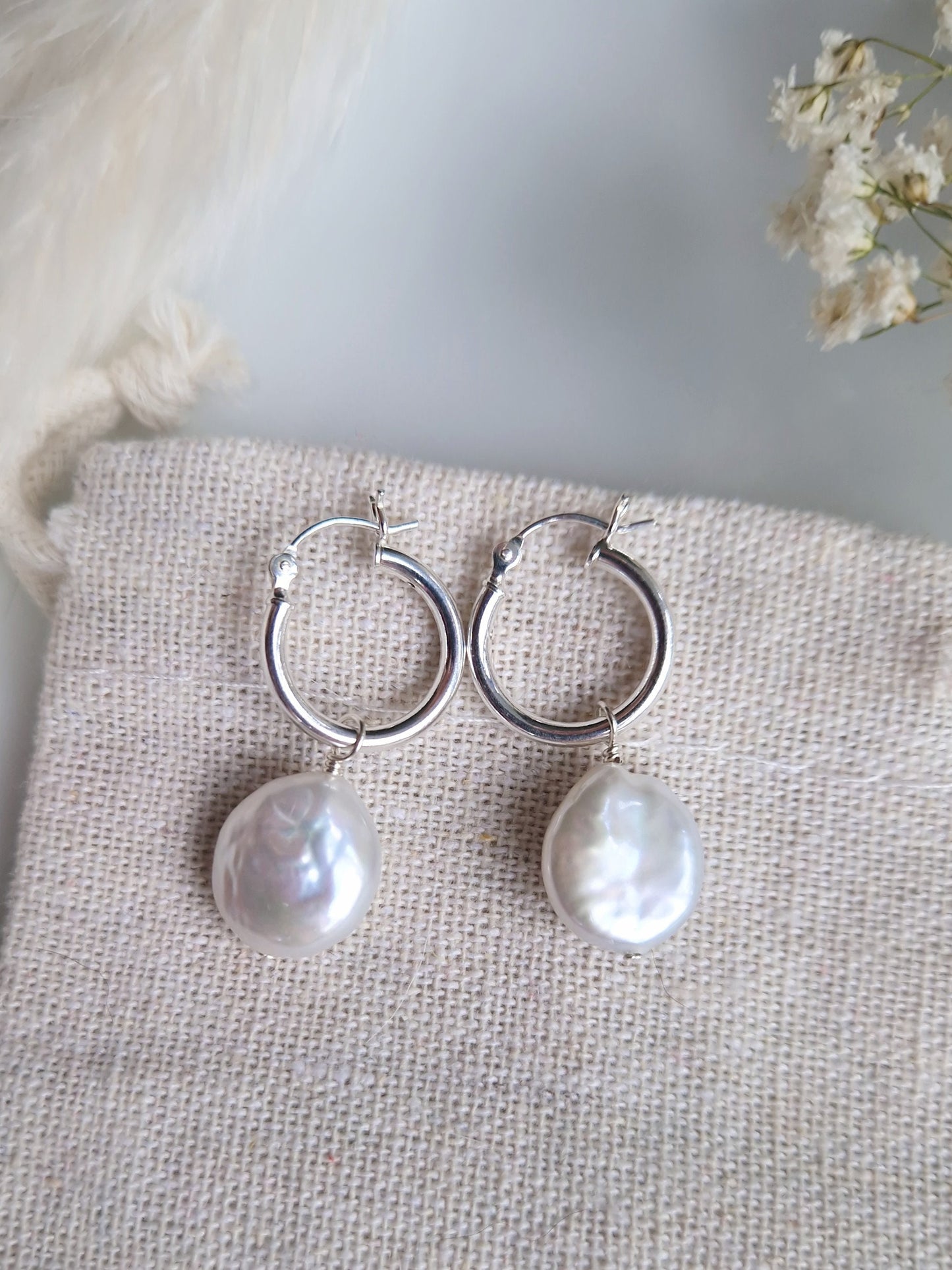 Freshwater coin pearl and small sterling silver hoop earrings | Bridal bridesmaid pearl hoop earrings with detachable pearls | Coin pearls