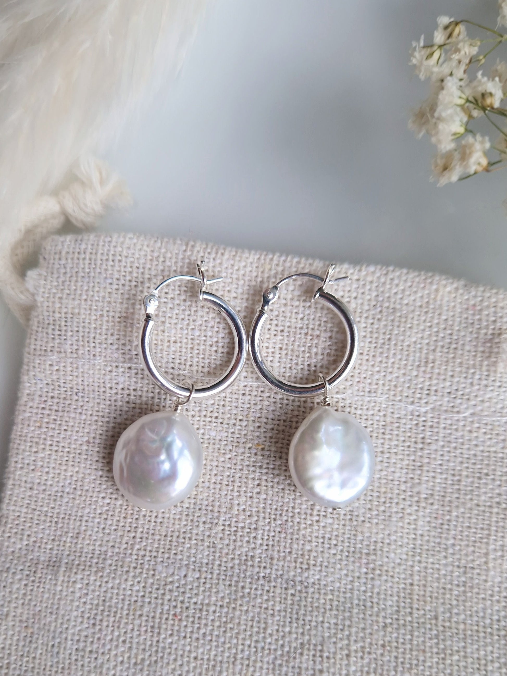 Freshwater coin pearl and small sterling silver hoop earrings | Bridal bridesmaid pearl hoop earrings with detachable pearls | Coin pearls