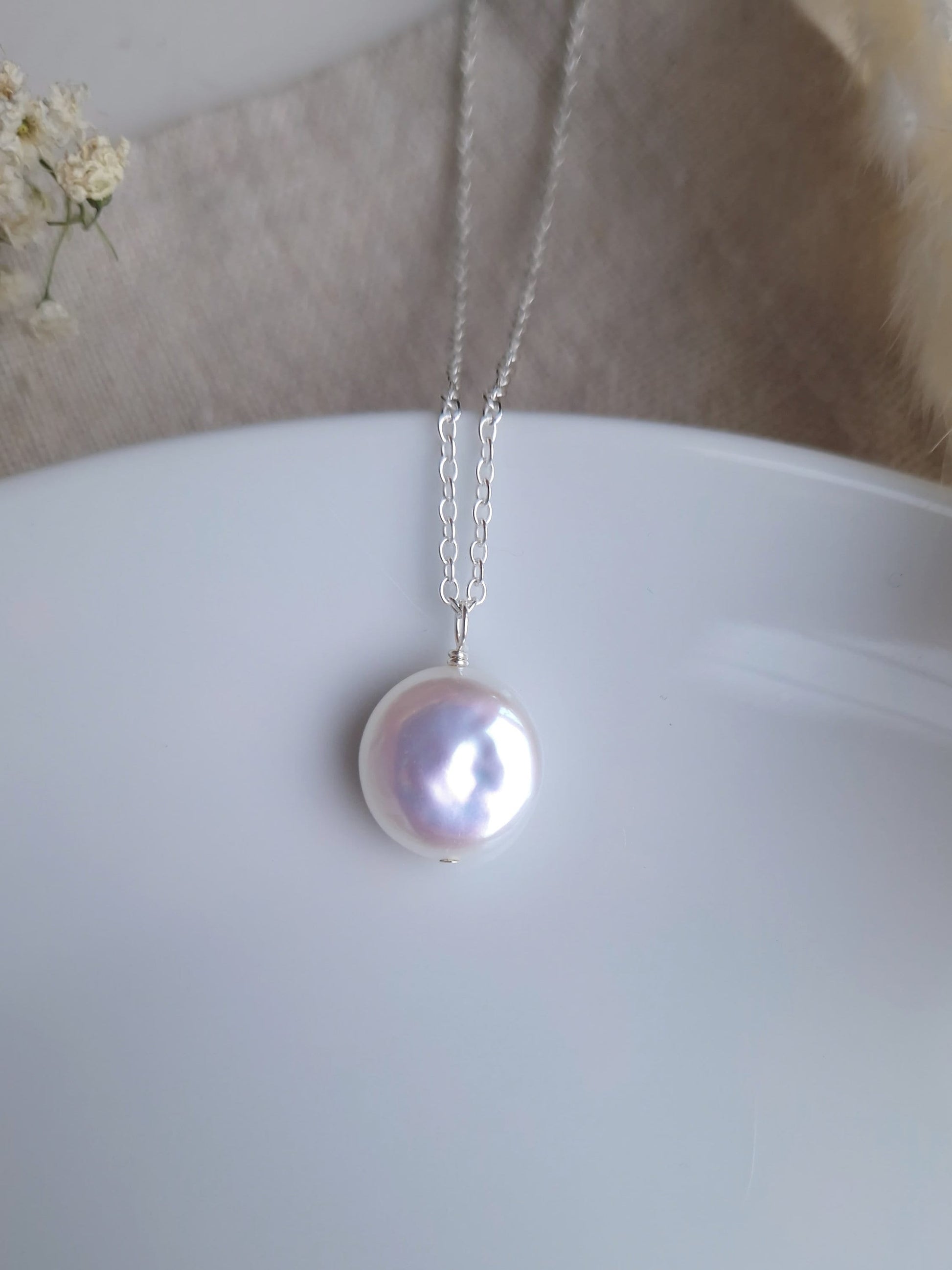 Freshwater pearl pendant necklace with recycled sterling silver chain | Minimalist bridal baroque coin pearl necklace