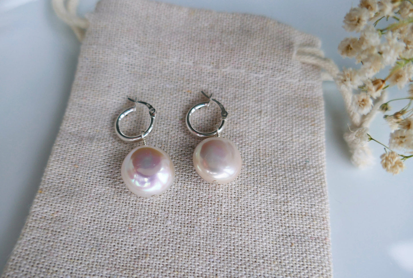Freshwater coin pearl and small sterling silver hoop earrings | Bridal bridesmaid pearl hoop earrings with detachable pearls | Coin pearls