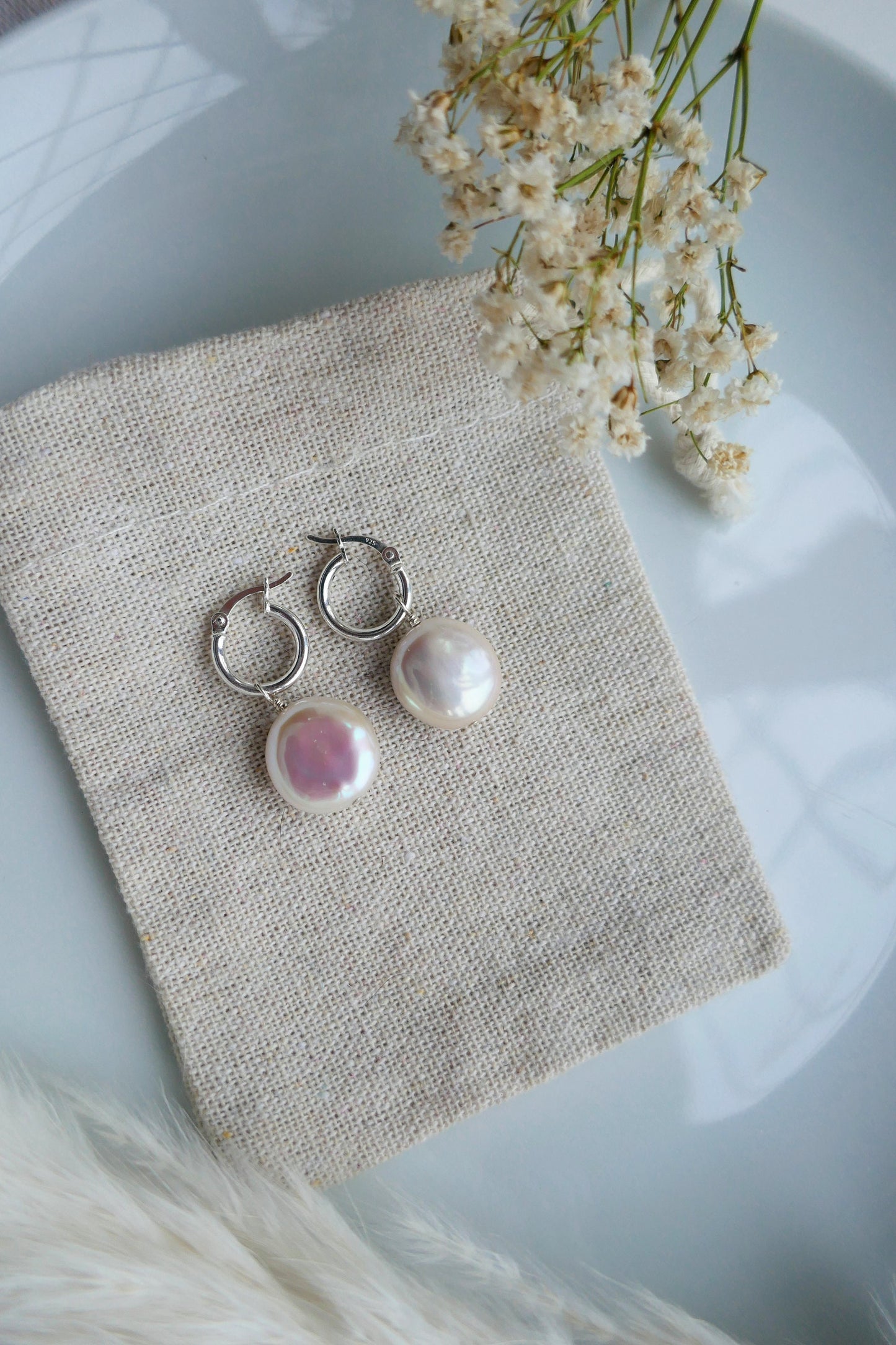 Freshwater coin pearl and small sterling silver hoop earrings | Bridal bridesmaid pearl hoop earrings with detachable pearls | Coin pearls