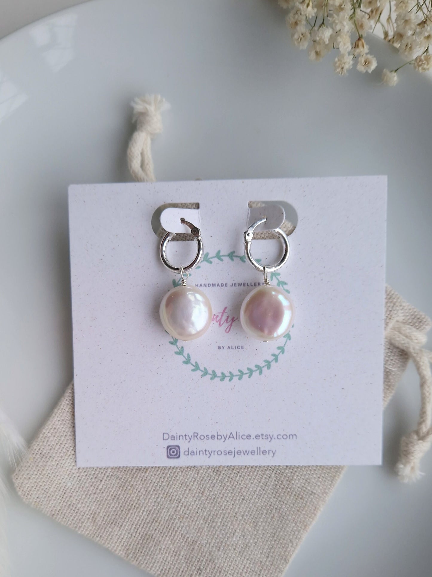 Freshwater coin pearl and small sterling silver hoop earrings | Bridal bridesmaid pearl hoop earrings with detachable pearls | Coin pearls