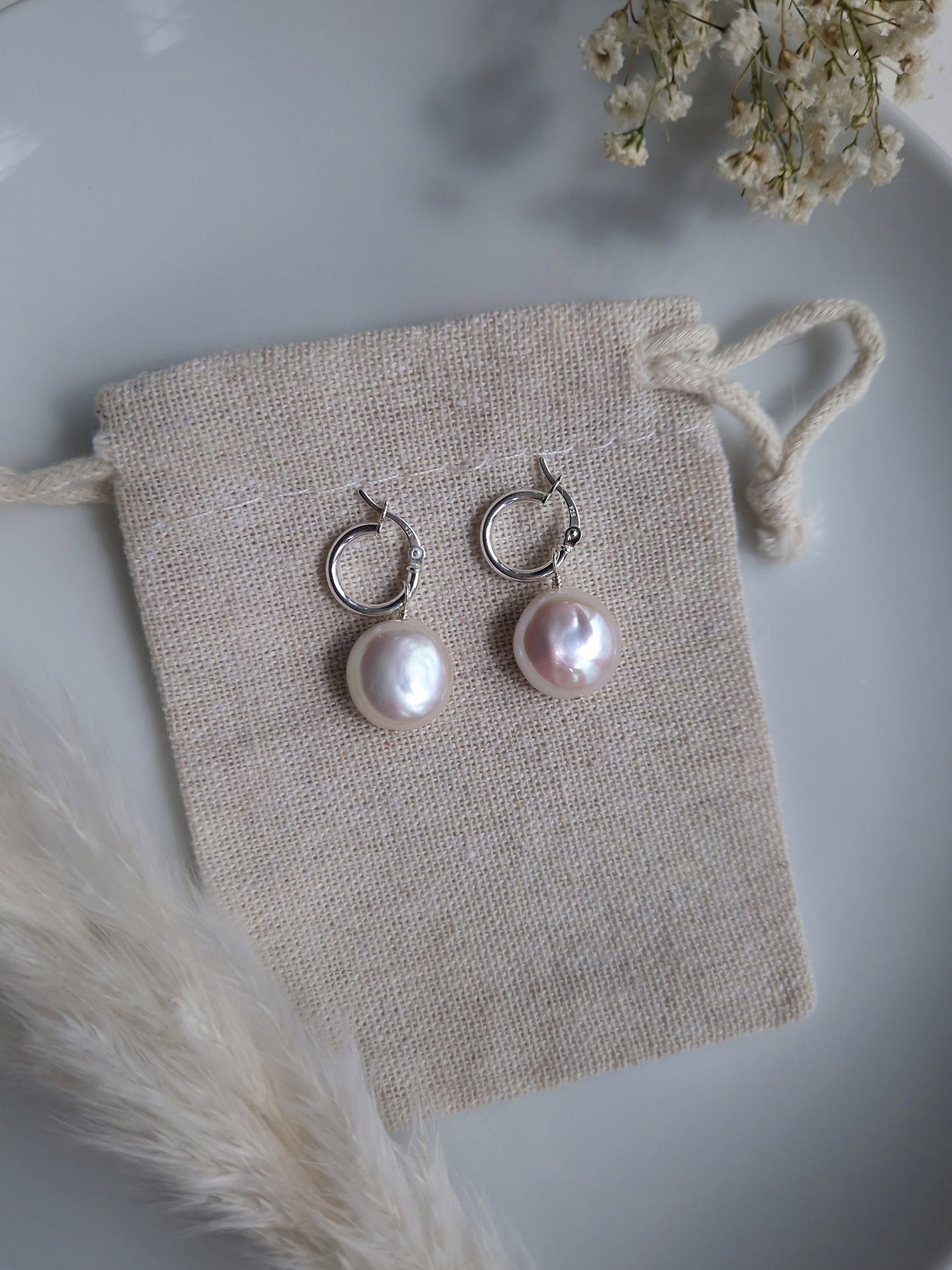 Freshwater coin pearl and small sterling silver hoop earrings | Bridal bridesmaid pearl hoop earrings with detachable pearls | Coin pearls