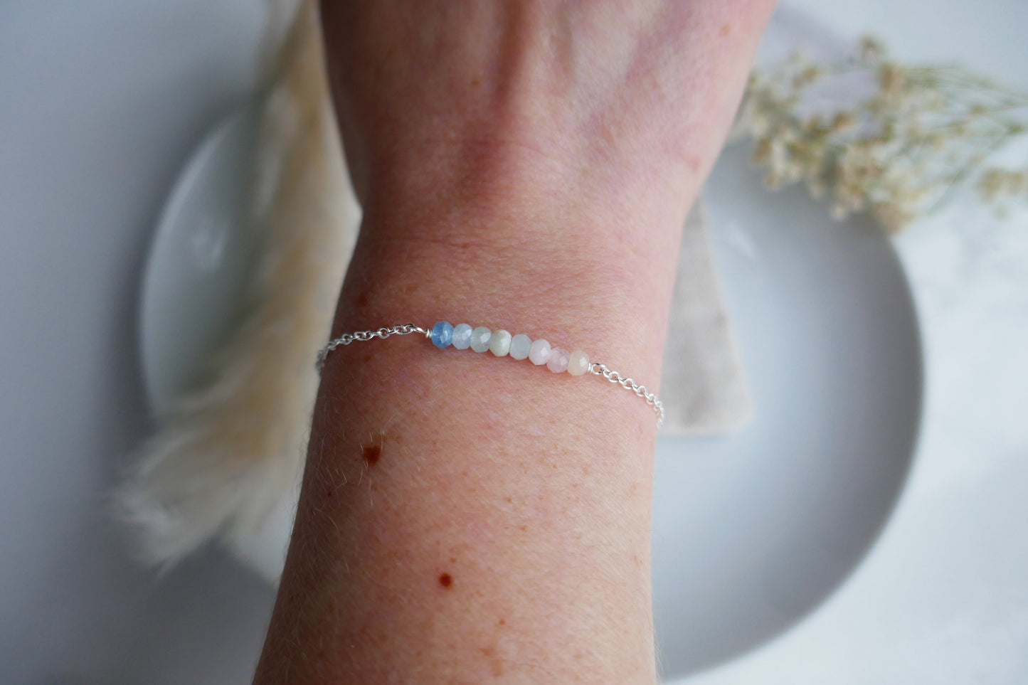 tiny gemstone beaded bar bracelet with morganite and silver