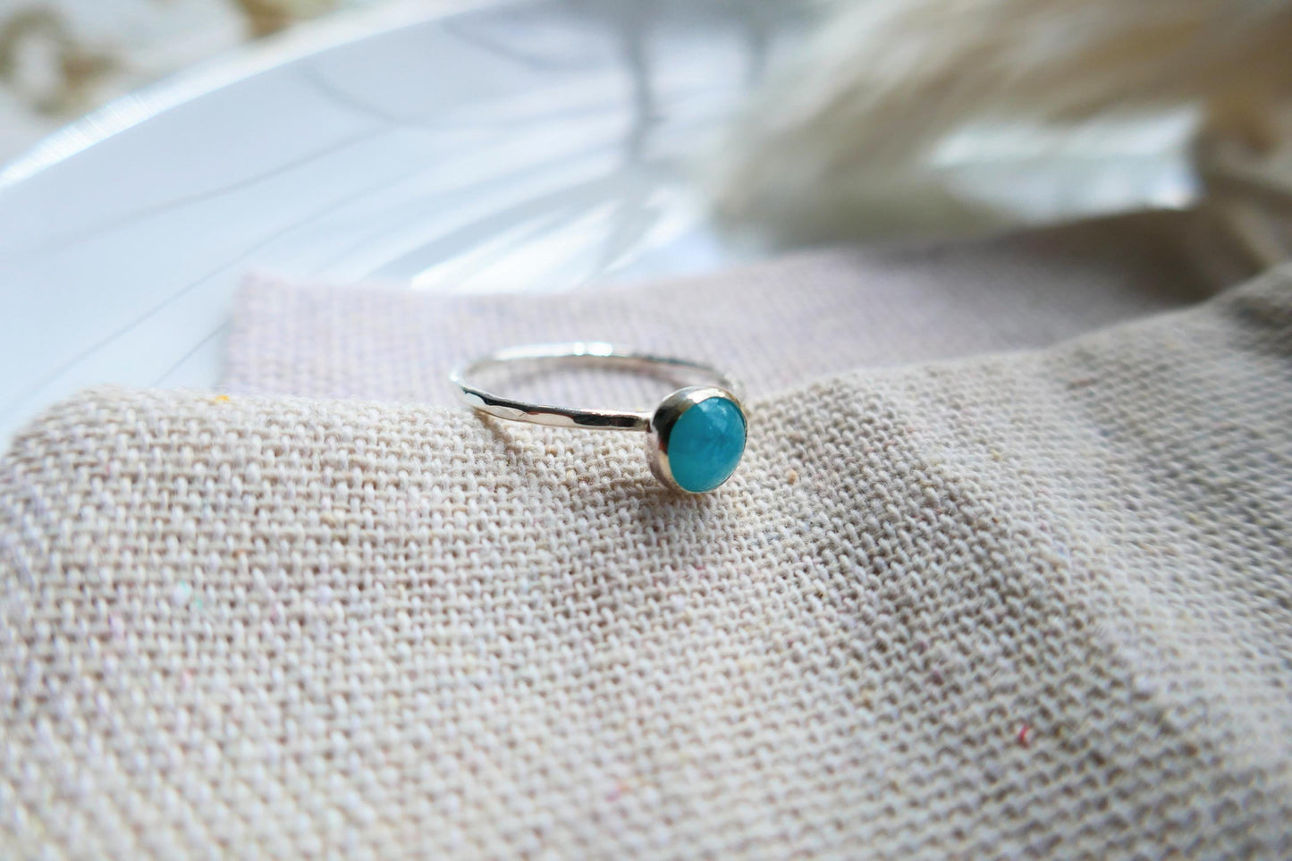 Dainty amazonite and sterling silver ring | Handmade faceted crystal ring | Thin band gemstone ring | Blue boho ring with silver