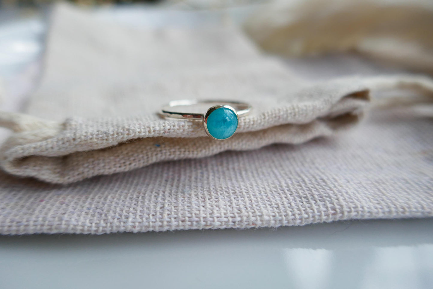 Dainty amazonite and sterling silver ring | Handmade faceted crystal ring | Thin band gemstone ring | Blue boho ring with silver