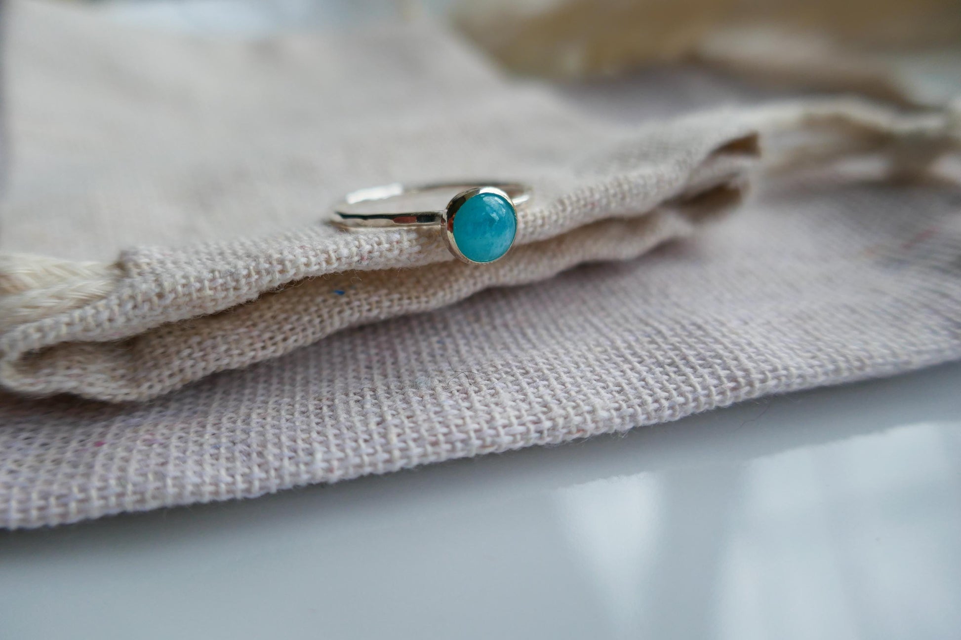 Dainty amazonite and sterling silver ring | Handmade faceted crystal ring | Thin band gemstone ring | Blue boho ring with silver
