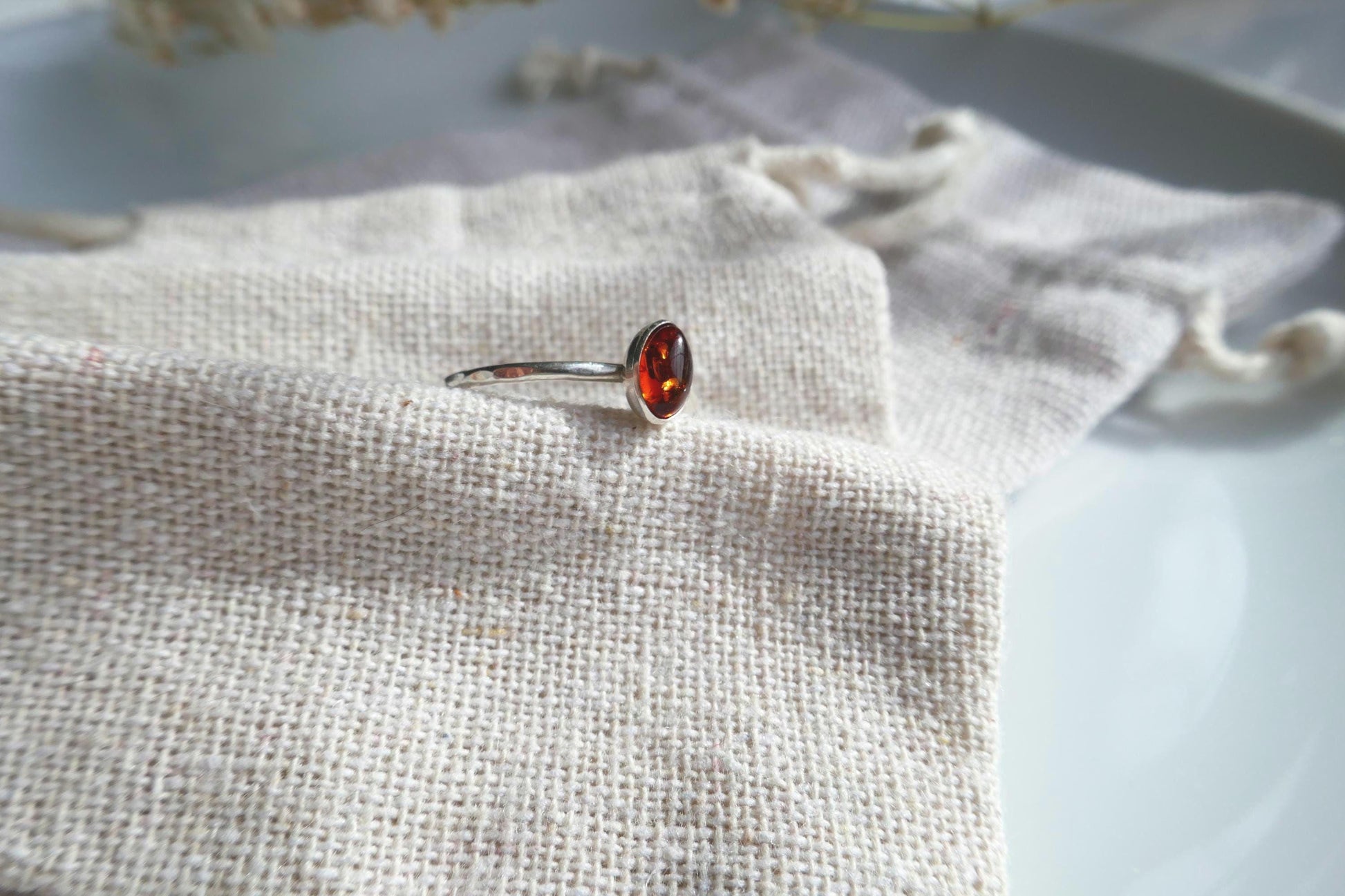 small amber silver ring
