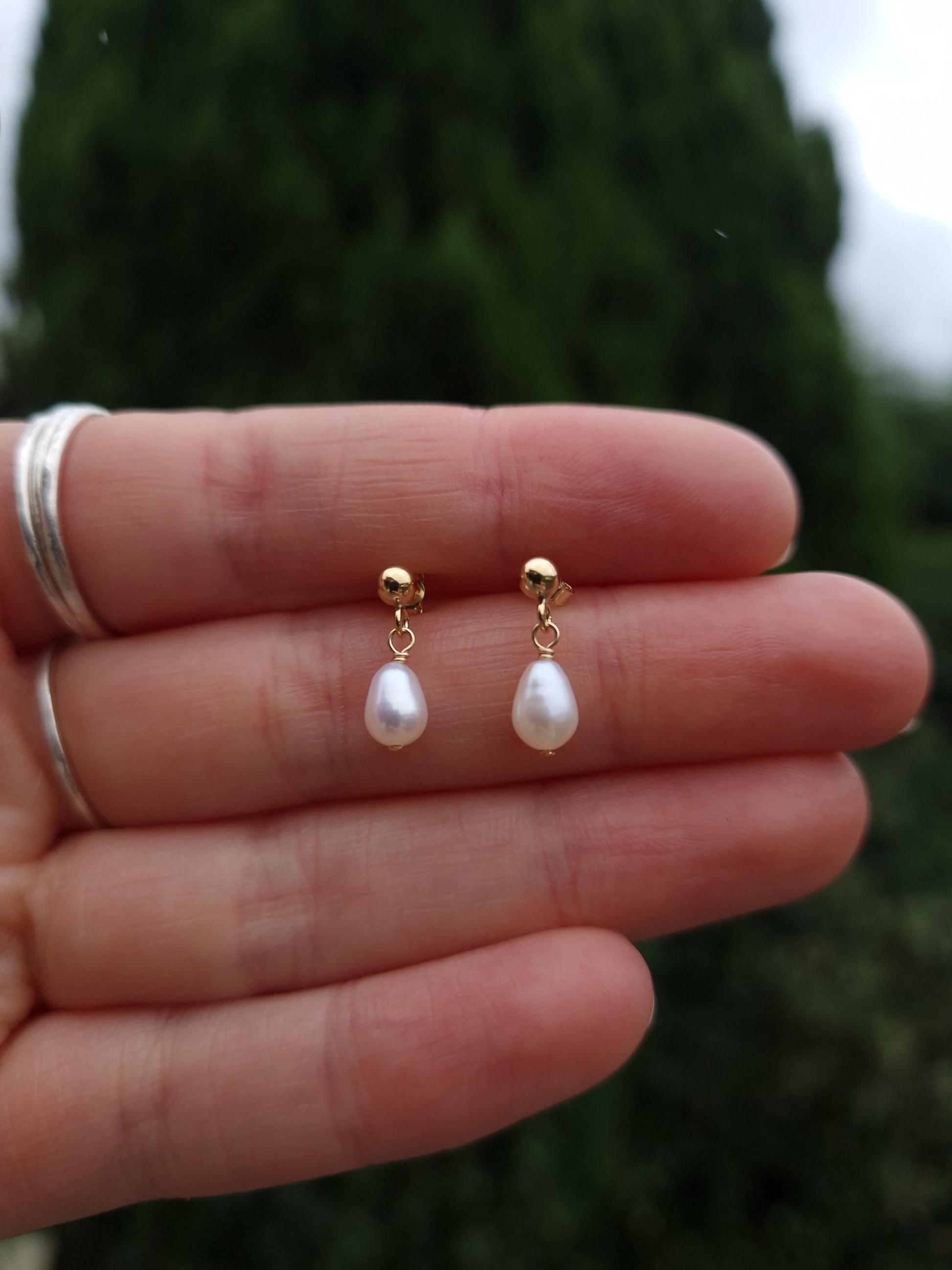 Dainty white freshwater pearl and gold filled stud drop earrings | Minimalist tiny pearl earrings | Small bridal pearl earrings