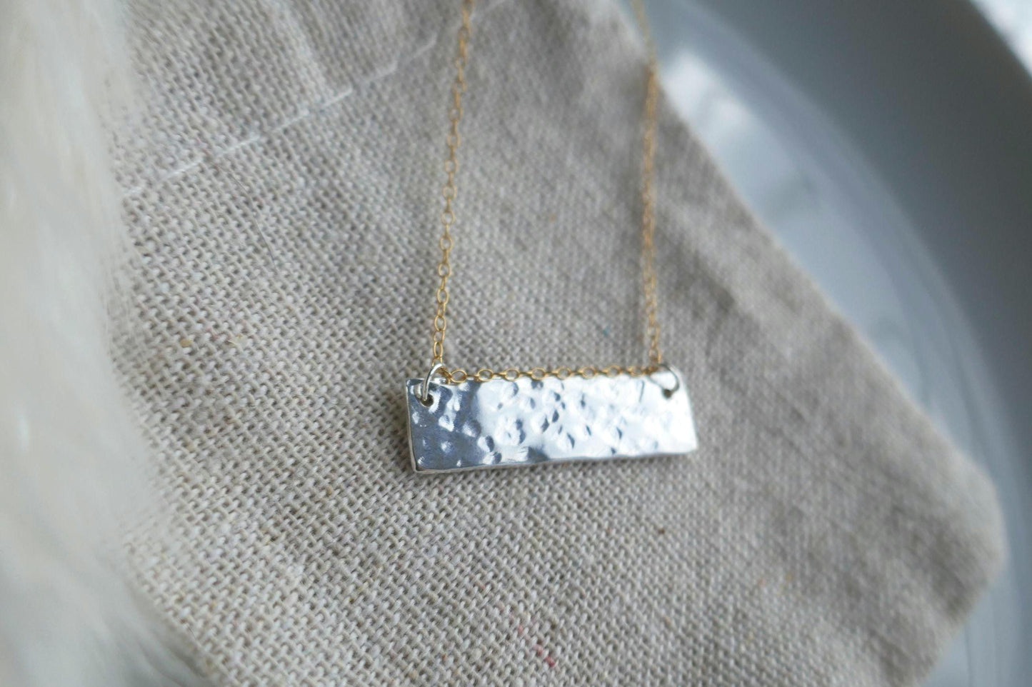Mixed metal textured bar necklace in sterling silver and gold filled chain | Hammered 925 sterling silver bar necklace