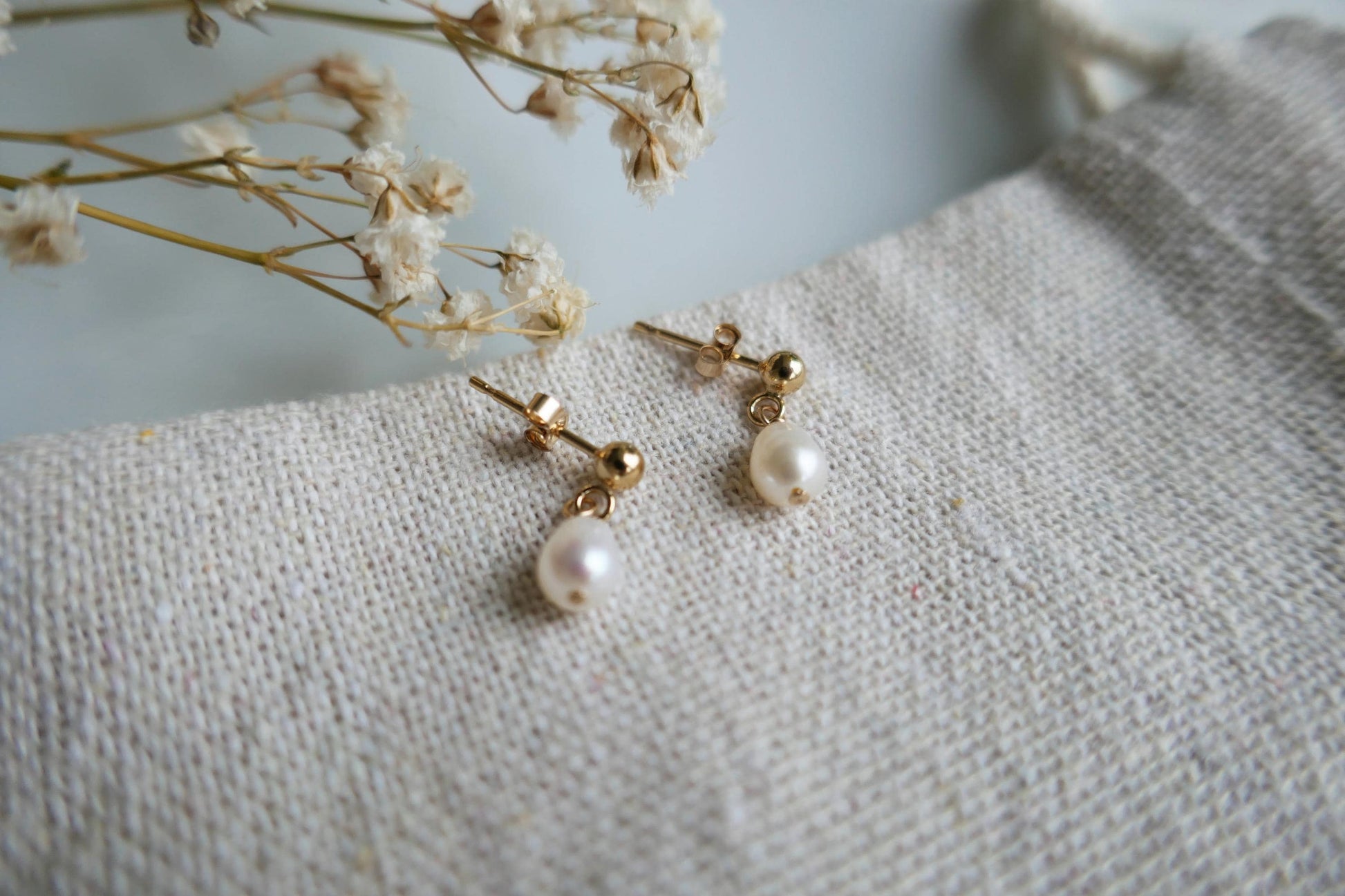 Dainty white freshwater pearl and gold filled stud drop earrings | Minimalist tiny pearl earrings | Small bridal pearl earrings
