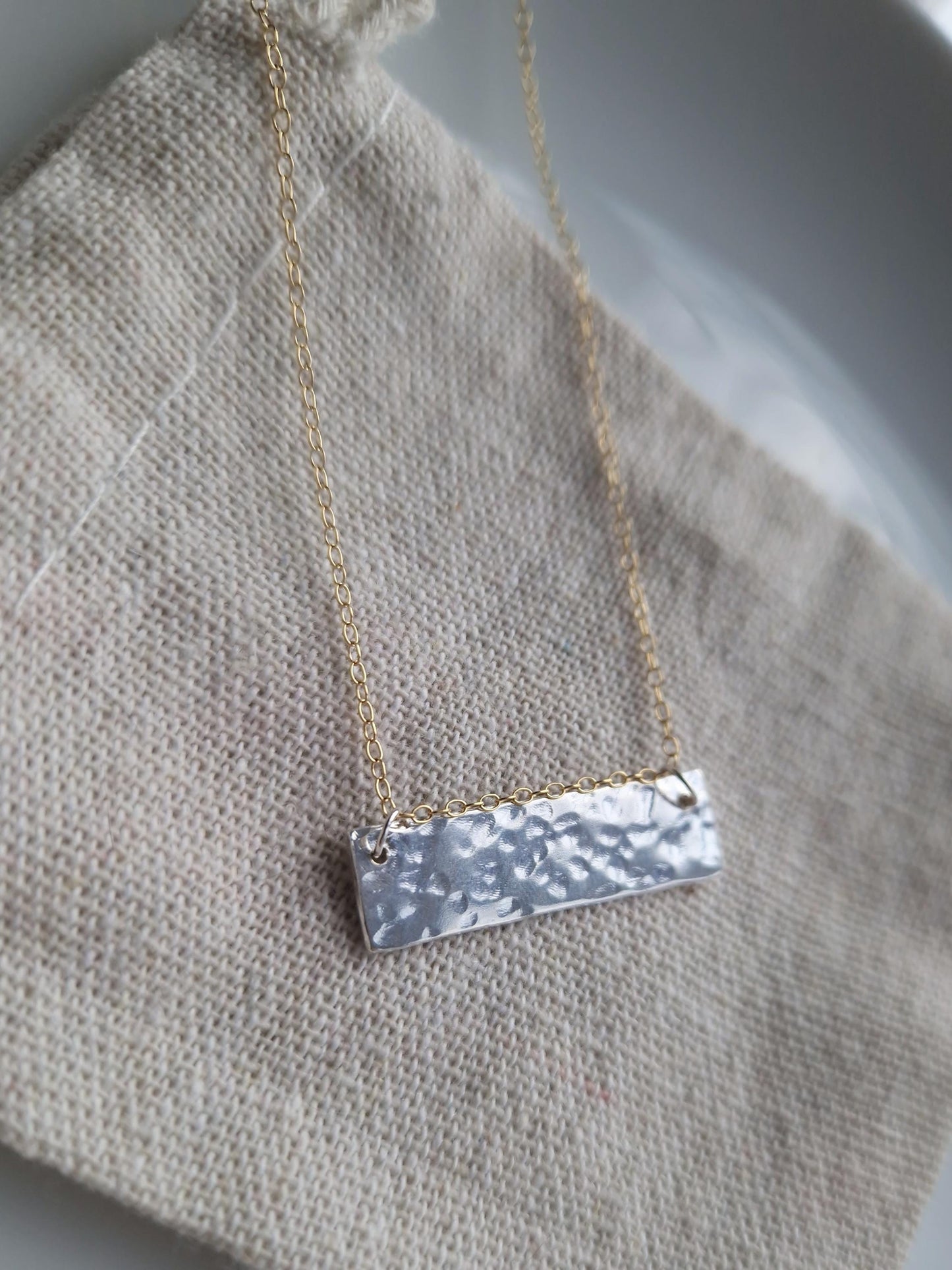 Mixed metal textured bar necklace in sterling silver and gold filled chain | Hammered 925 sterling silver bar necklace