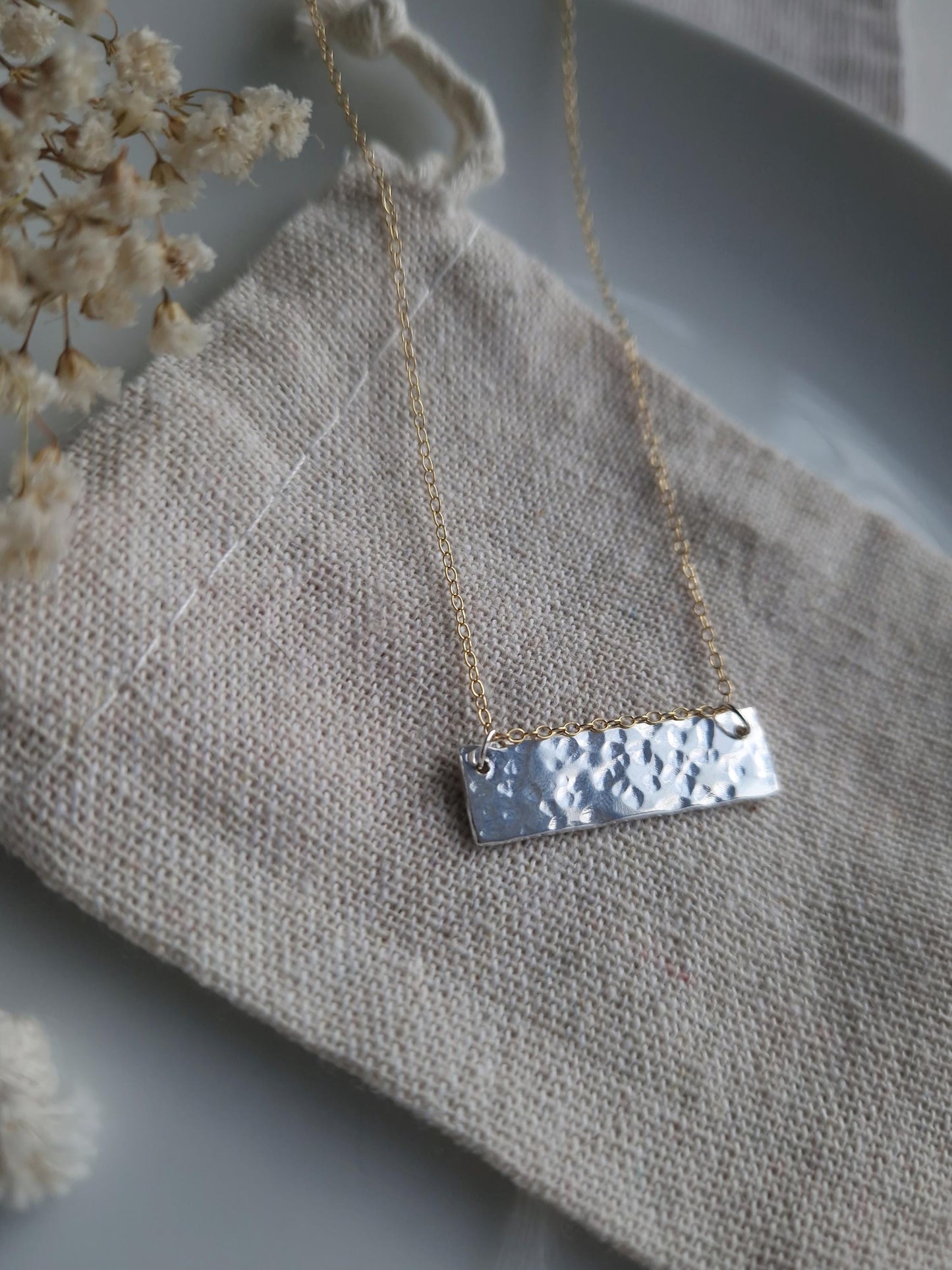 Mixed metal textured bar necklace in sterling silver and gold filled chain | Hammered 925 sterling silver bar necklace