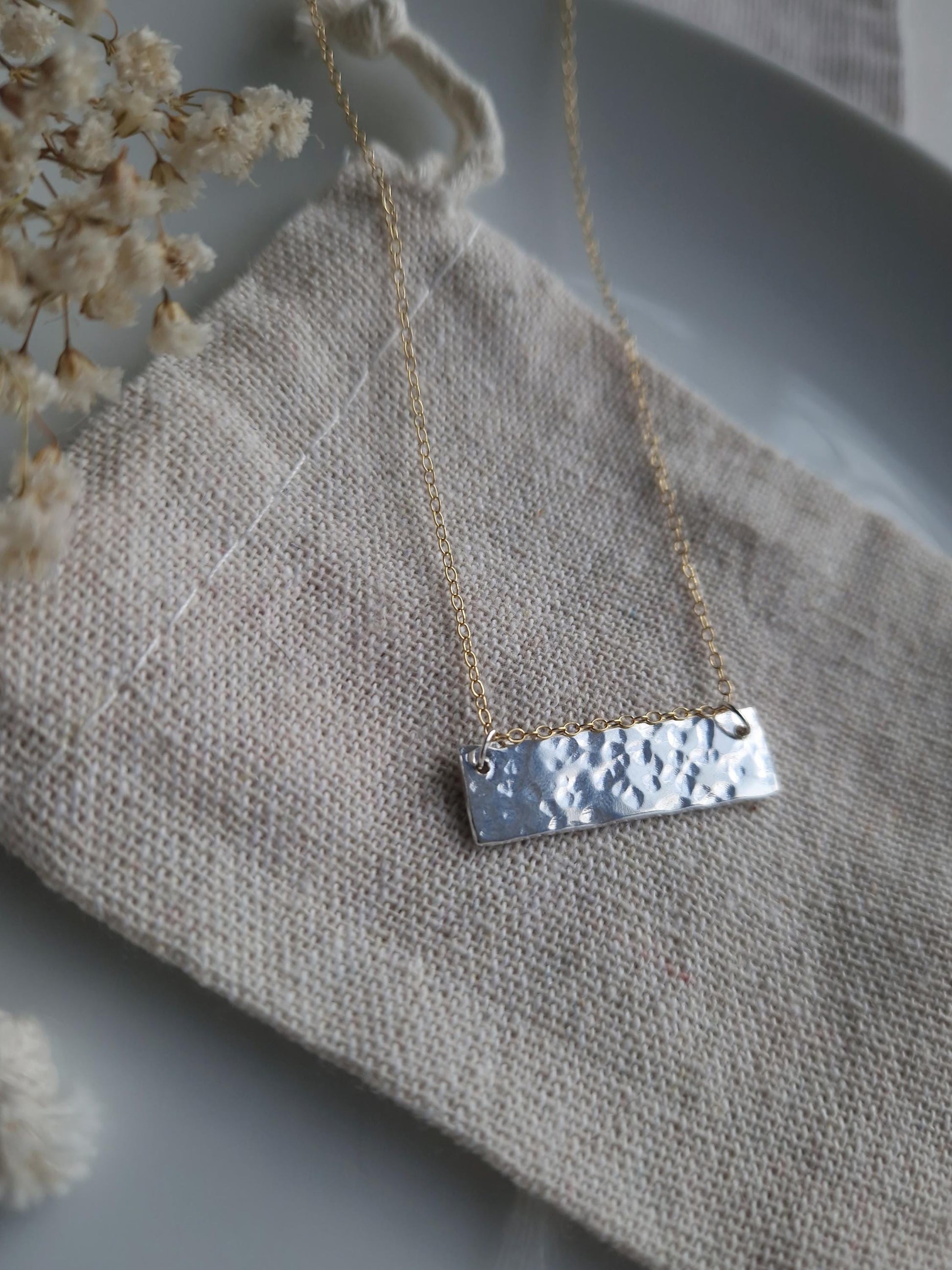Mixed metal textured bar necklace in sterling silver and gold filled chain | Hammered 925 sterling silver bar necklace