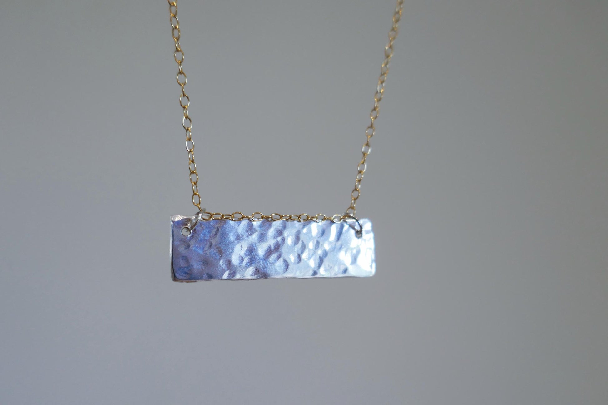 Mixed metal textured bar necklace in sterling silver and gold filled chain | Hammered 925 sterling silver bar necklace