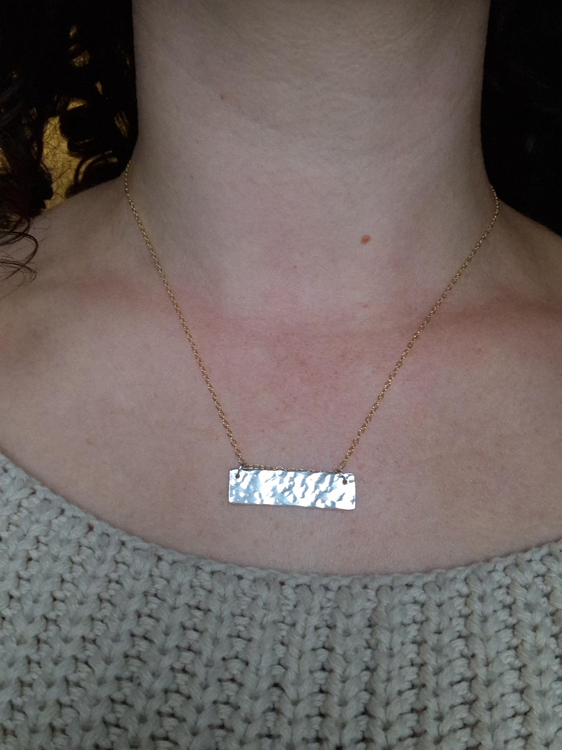 Mixed metal textured bar necklace in sterling silver and gold filled chain | Hammered 925 sterling silver bar necklace