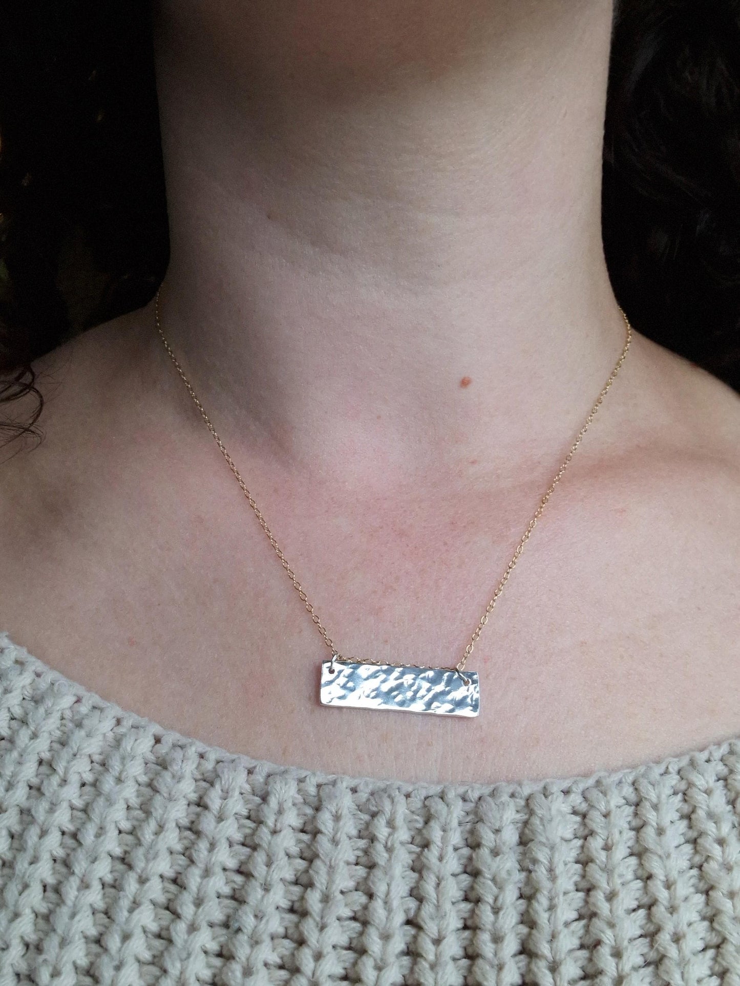 Mixed metal textured bar necklace in sterling silver and gold filled chain | Hammered 925 sterling silver bar necklace