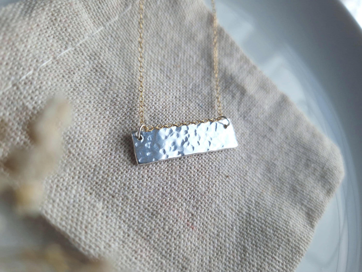Mixed metal textured bar necklace in sterling silver and gold filled chain | Hammered 925 sterling silver bar necklace