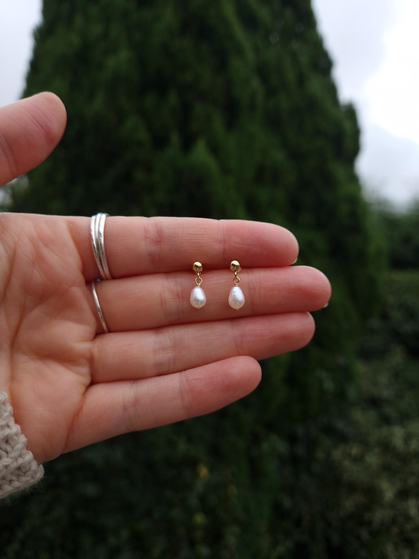 Dainty white freshwater pearl and gold filled stud drop earrings | Minimalist tiny pearl earrings | Small bridal pearl earrings