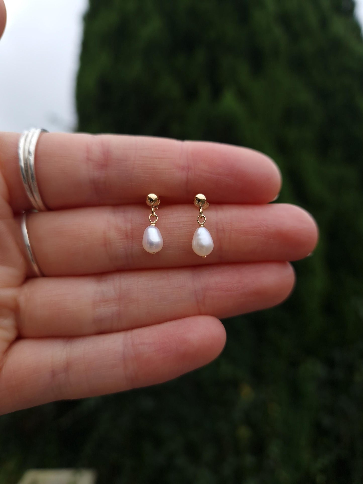 Dainty white freshwater pearl and gold filled stud drop earrings | Minimalist tiny pearl earrings | Small bridal pearl earrings