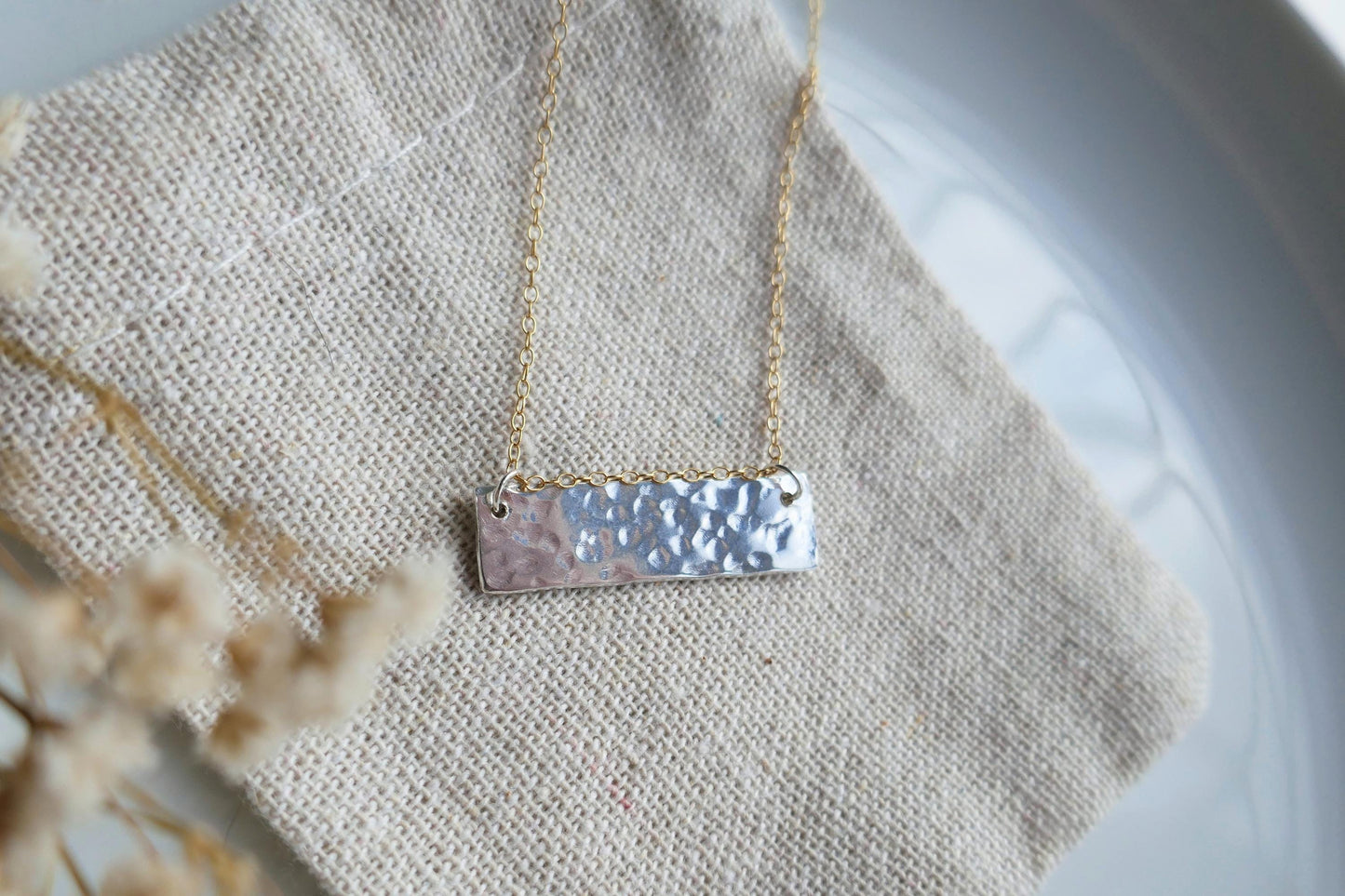 Mixed metal textured bar necklace in sterling silver and gold filled chain | Hammered 925 sterling silver bar necklace